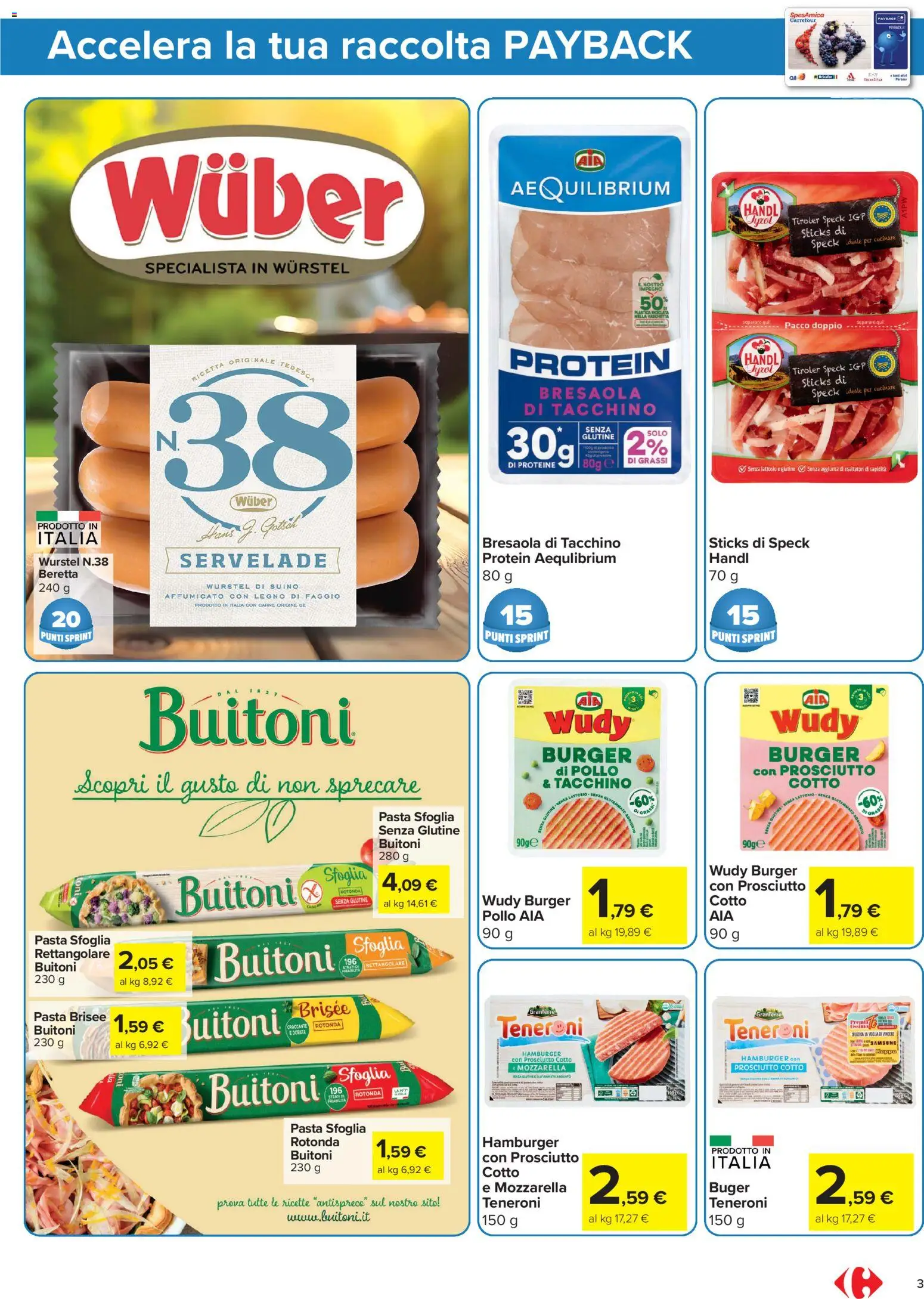 Volantino Carrefour del 24/07/2026 | Pagina: 3 | Prodotti: Prosciutto Cotto, Bresaola, Mozzarella, Pasta
