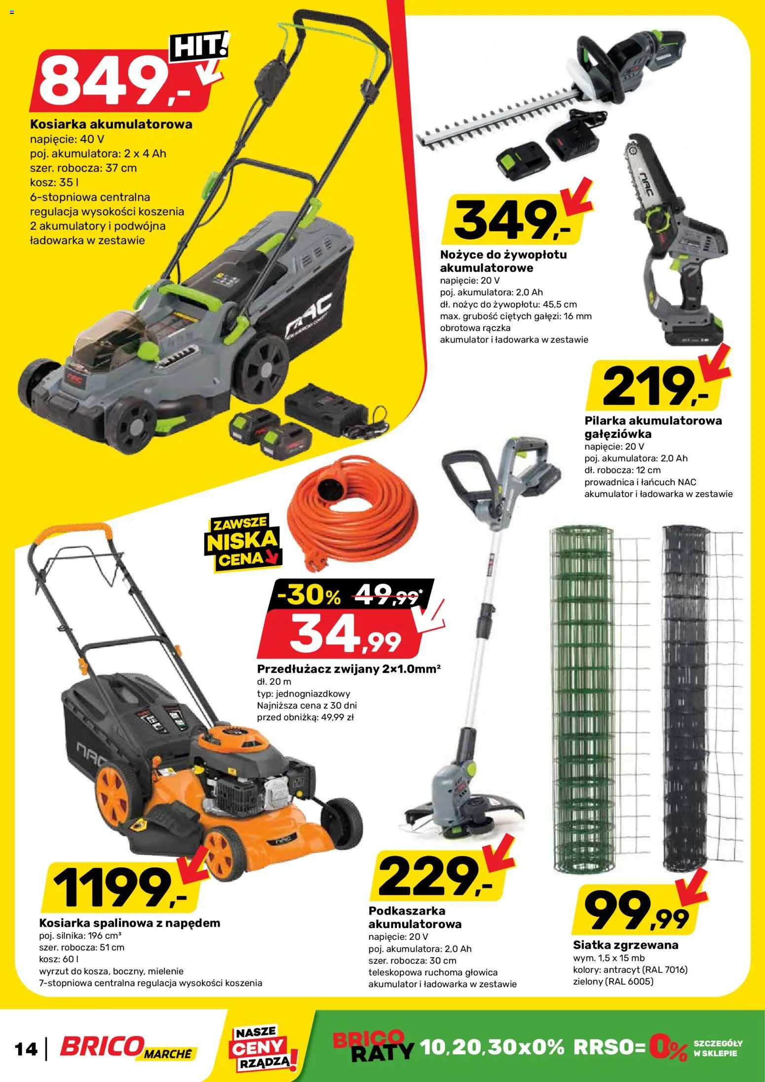 Brico Marché gazetka od 22.04.2026 | Strona: 14 | Produkty: Ładowarka, Kosiarka, Siatka, Nożyce do żywopłotu