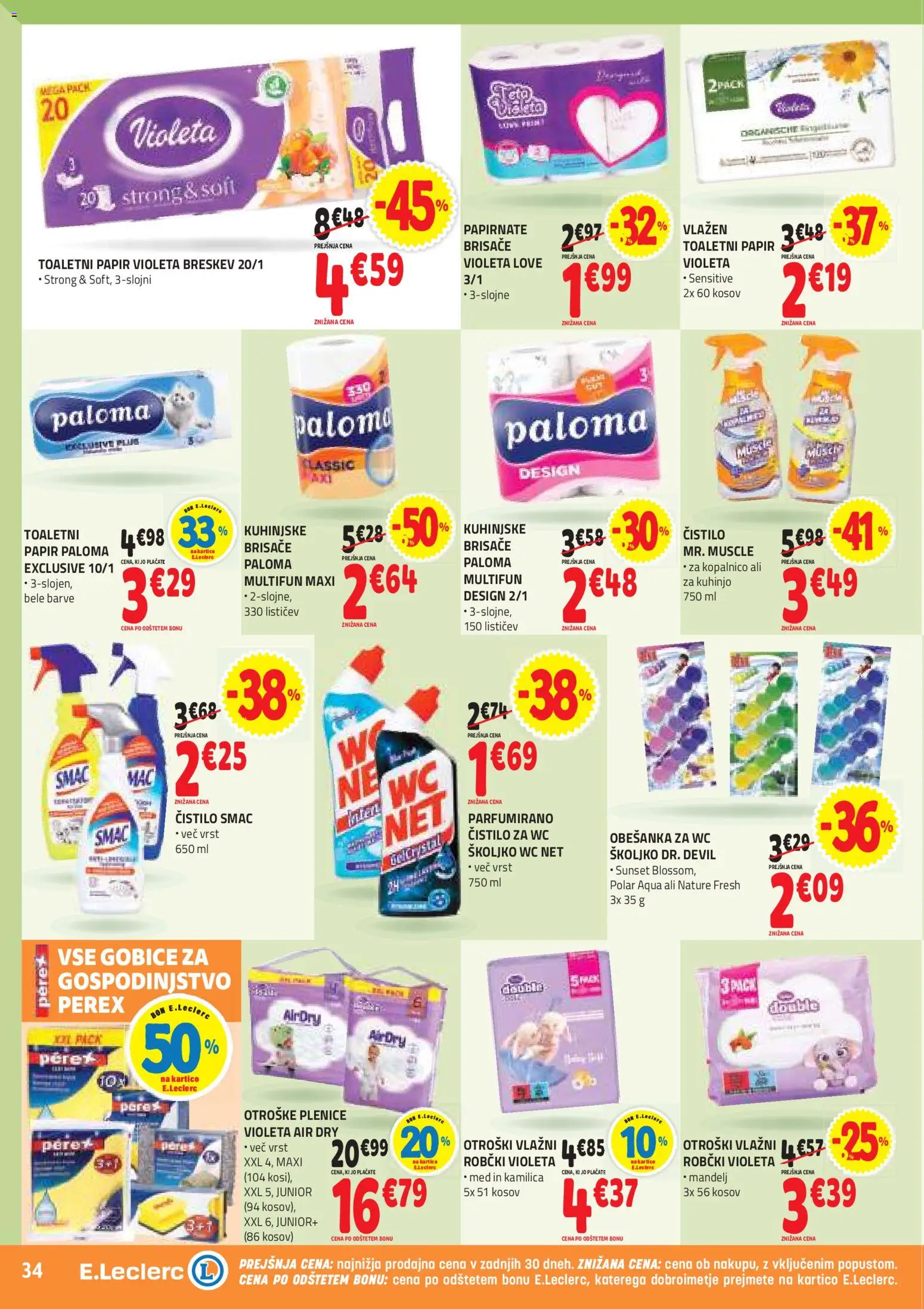 Novi E.leclerc katalog ponudbe – veljaven od 15.04.2026 | Stran: 34 | Izdelki: Plenice, Robčki, Gobice, Breskev