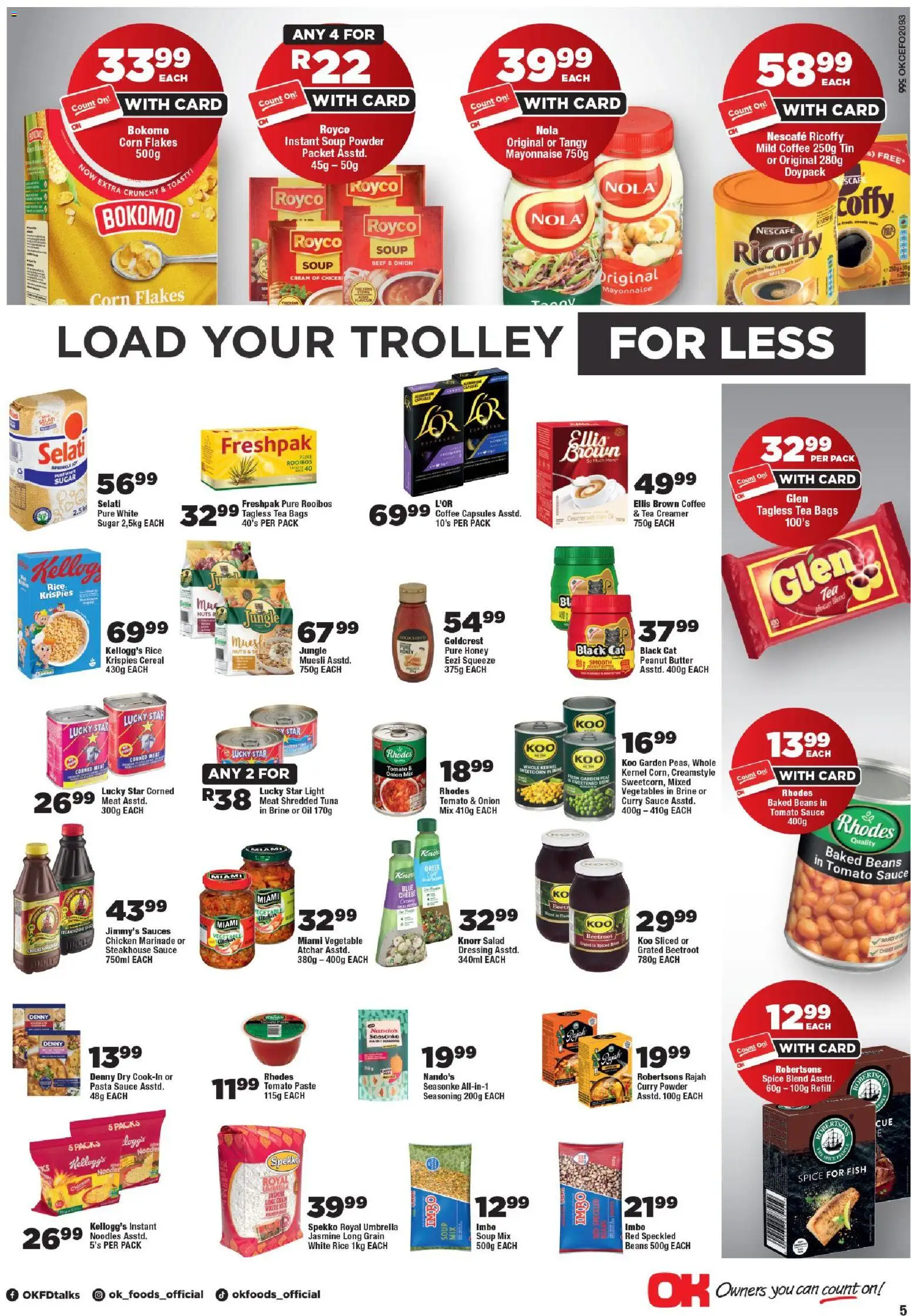 New OK Foods catalogue – valid from 10.06.2026 | Page: 5 | Products: Corned meat, Beef, Peanut butter, Mayonnaise