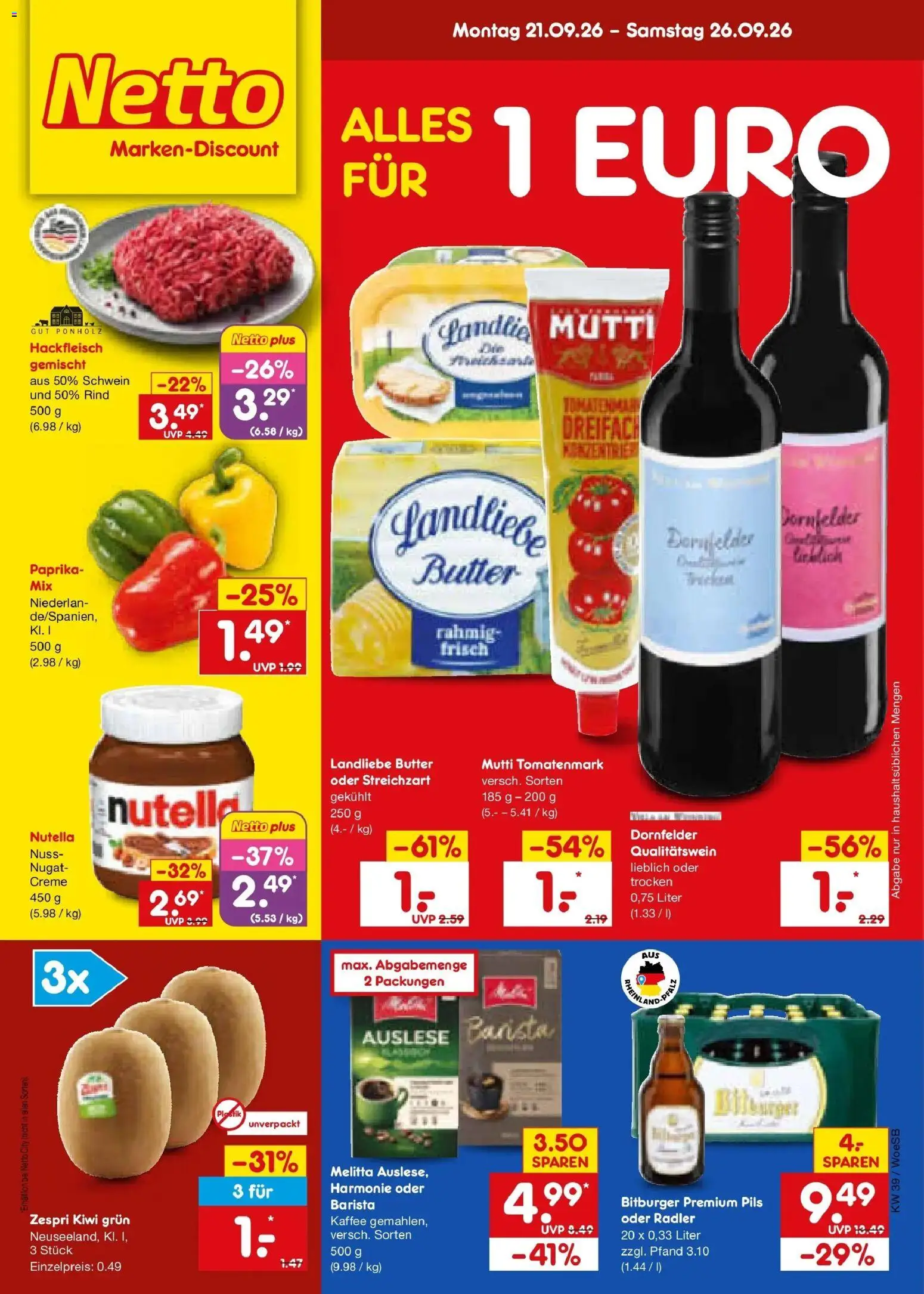 Netto Marken-Discount Prospekt Gemmingen – gültig ab 21.09.2026 | Seite: 1 | Produkte: Bitburger, Kaffee, Pils, Kiwi