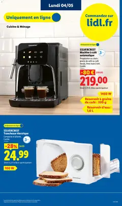 LIDL - Prévisualisation de SILVERCREST Machine à café automatique, Préparation au choix : grains de café ou café moulu. Avec buse à lait. L'unité. valide à partir de 04.05.2026 | Page: 5 | Produits: Machine à café, Trancheuse, Réservoir d'eau, Café