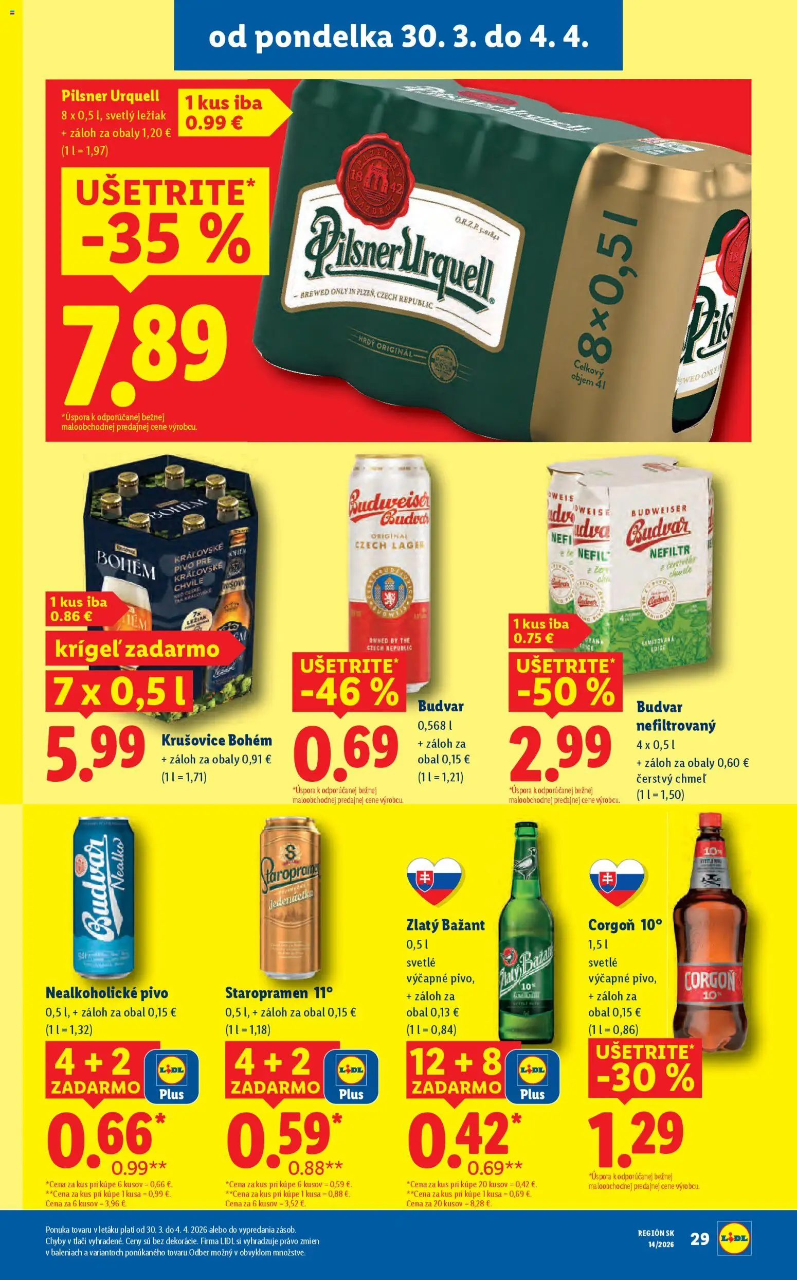 Nové Lidl akcie – leták je platný od 30.03.2026 | Strana: 37 | Produkty: Krušovice, Staropramen, Corgoň, Nealkoholické pivo