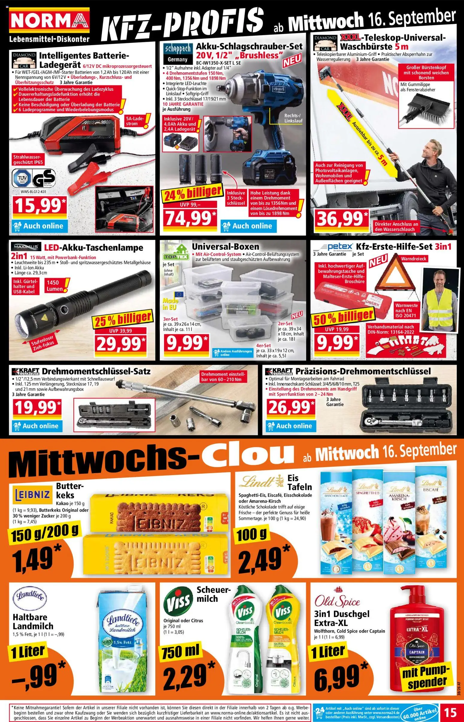Norma Flugblatt gültig ab 14.09.2026 | Seite: 15 | Produkte: Gürtel, Adapter, Batterie, Milch