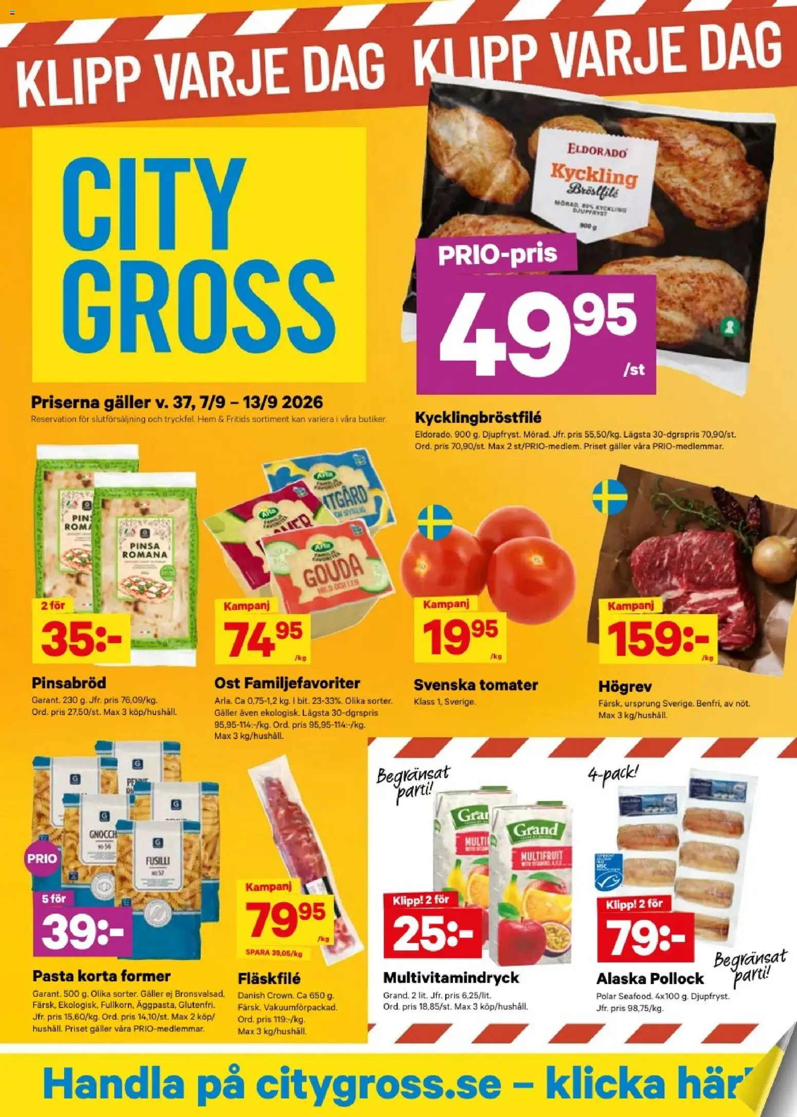 City Gross reklamblad aktuell från 07/09/2026 | Sida: 1 | Produkter: Fläskfilé, Ost, Tomater, Pasta