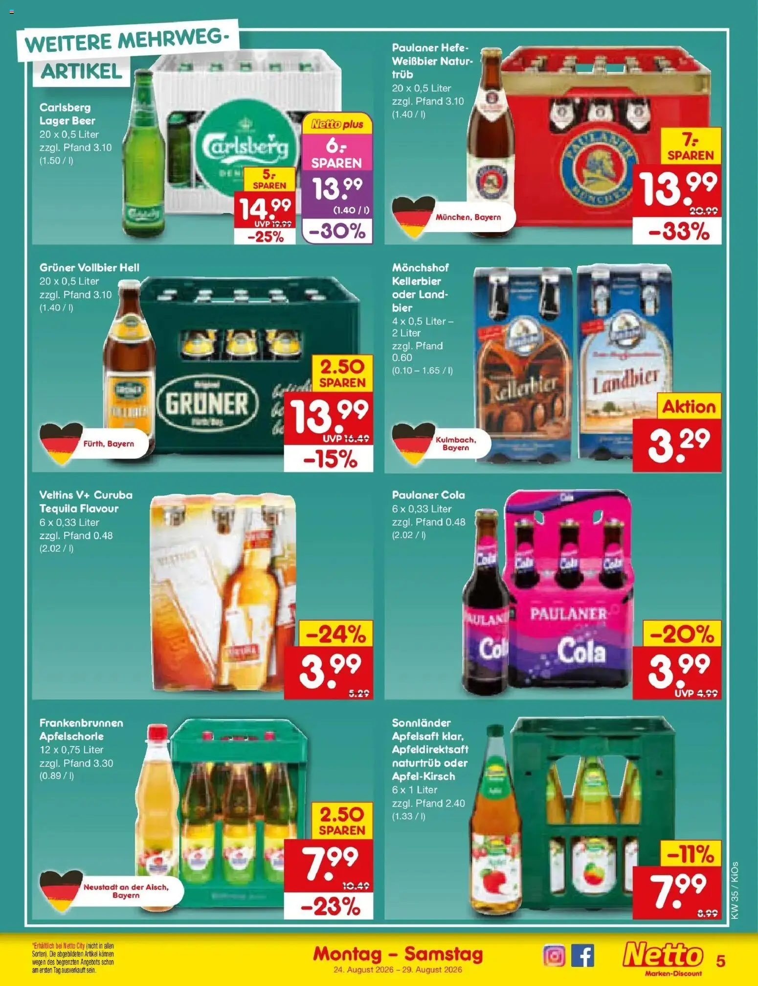 Netto Marken-Discount Prospekt Mistelbach – gültig ab 24.08.2026 | Seite: 5 | Produkte: Bier, Weißbier, Apfelsaft, Paulaner