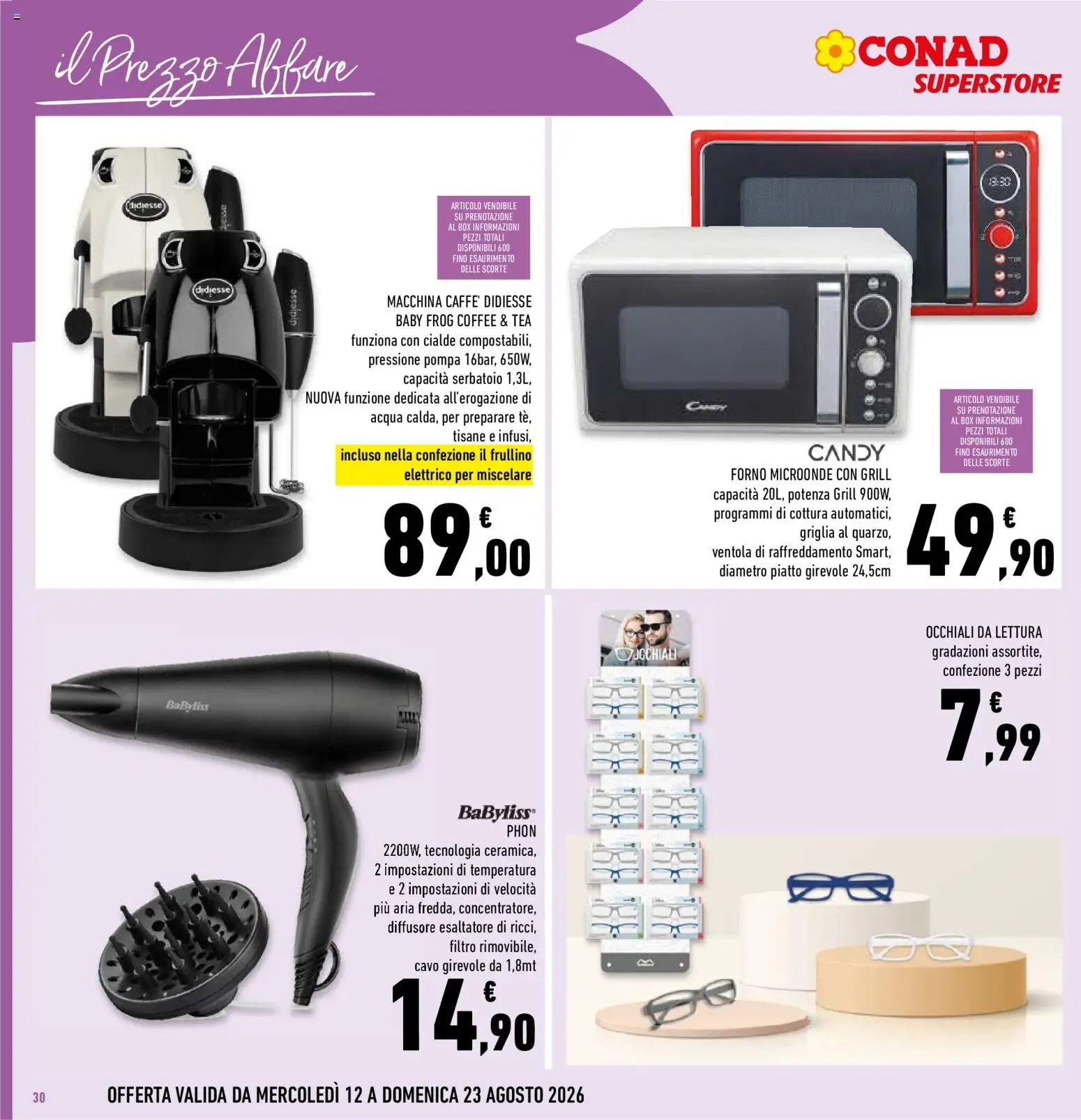 Volantino Conad del 12/08/2026 | Pagina: 30 | Prodotti: Microonde, Caffè, Acqua, Occhiali