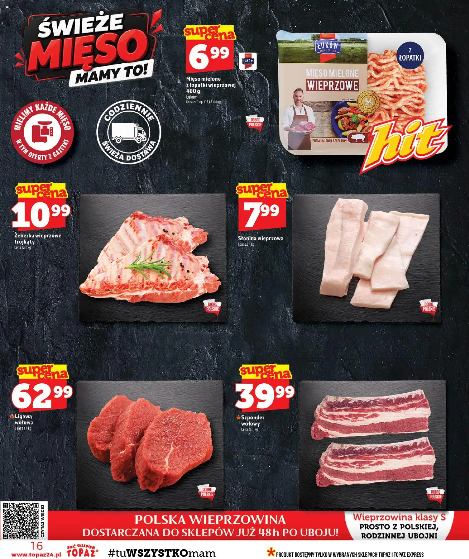 Topaz gazetka - MAZ od 29.10.2026 | Strona: 16 | Produkty: Żeberka, Żeberka wieprzowe, Słonina, Wieprzowina