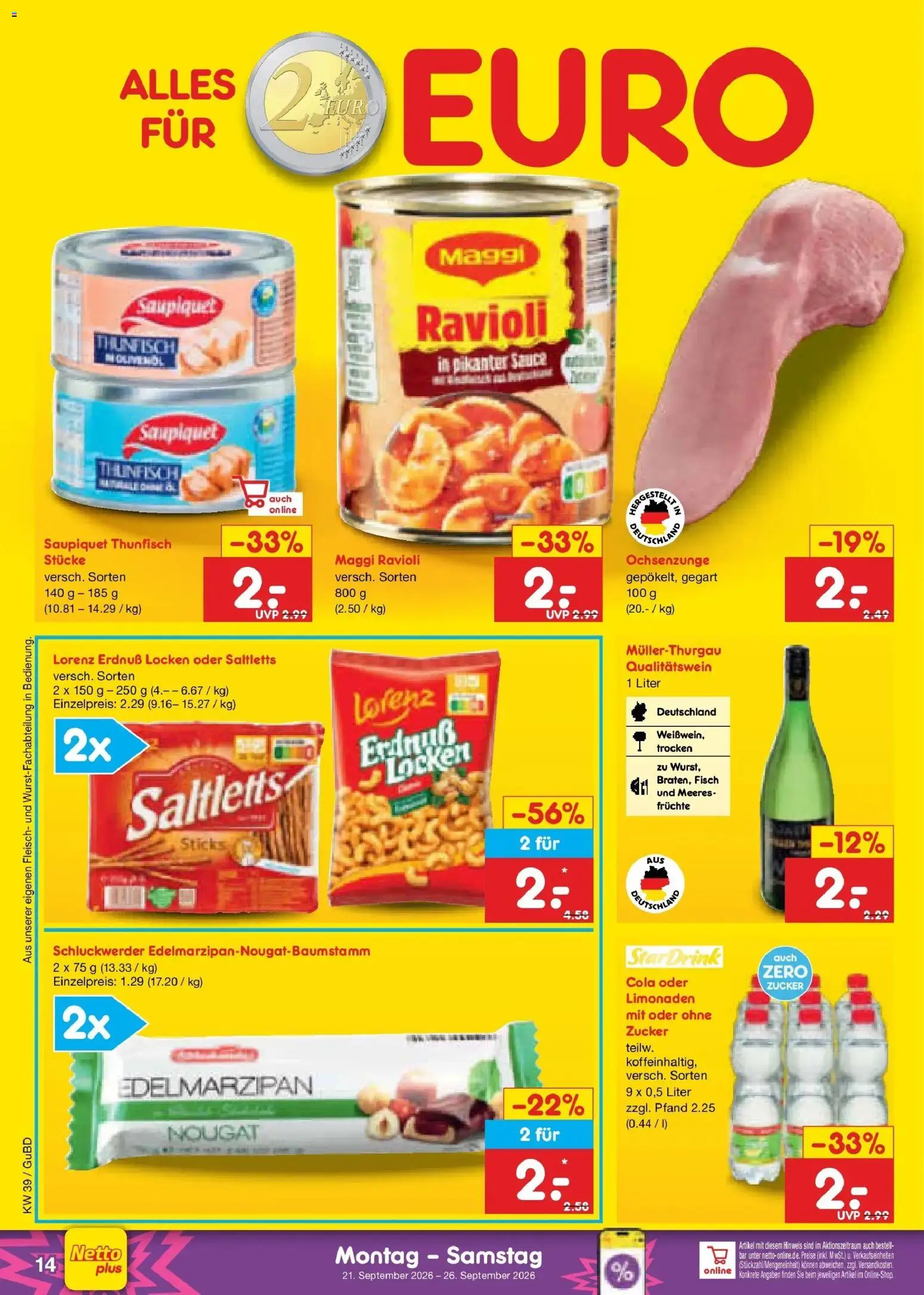 Netto Marken-Discount Prospekt Augustusburg – gültig ab 21.09.2026 | Seite: 22 | Produkte: Cola, Thunfisch, Zucker, Fleisch