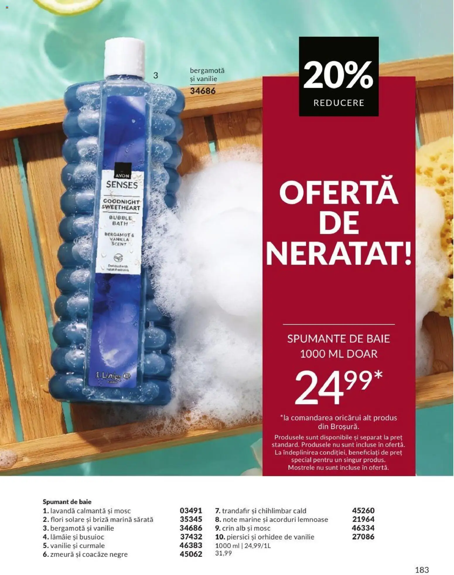 Noul catalog Avon – valabil de la 01.09.2026 | Pagină: 183 | Produse: Zmeură, Piersici, Flori, Spumant de baie