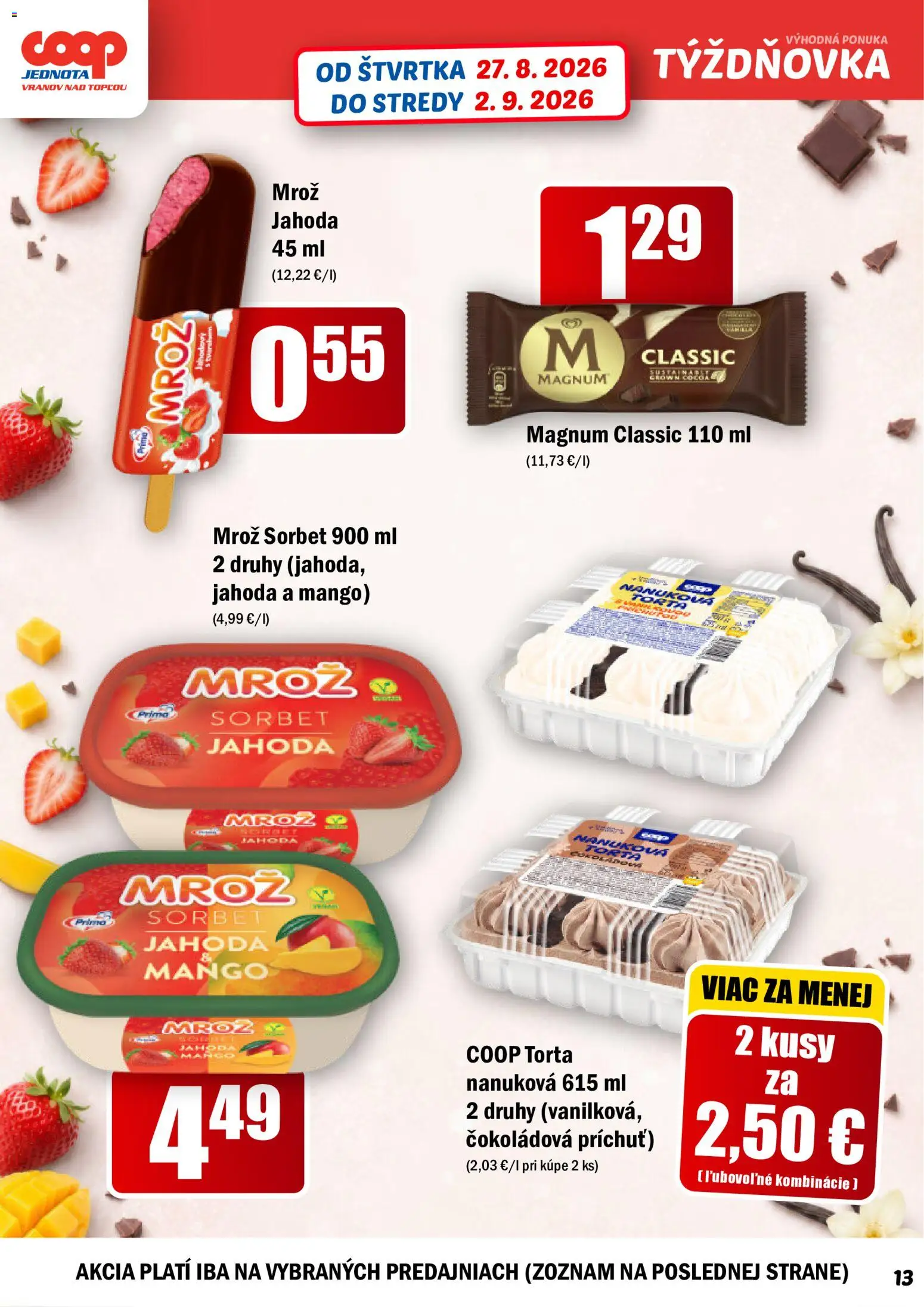 Nové COOP Jednota akcie – leták je platný od 27.08.2026 | Strana: 13 | Produkty: Sorbet, Torta, Magnum, Mango