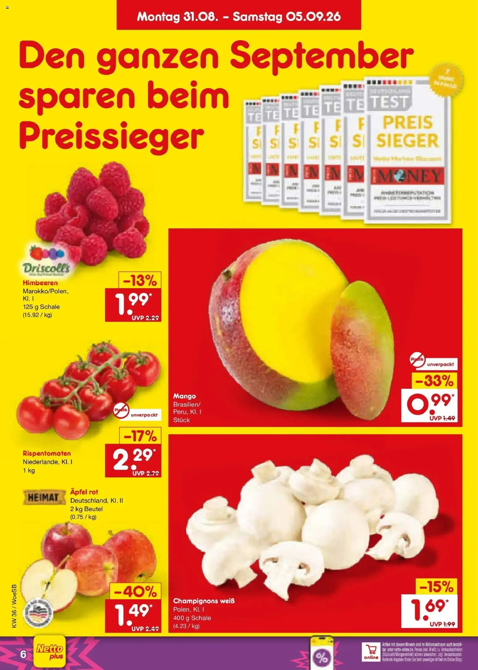 Netto Marken-Discount Prospekt Gemmingen (ab 31.08.2026) » Angebote | Seite: 8 | Produkte: Himbeeren, Äpfel, Champignons, Mango