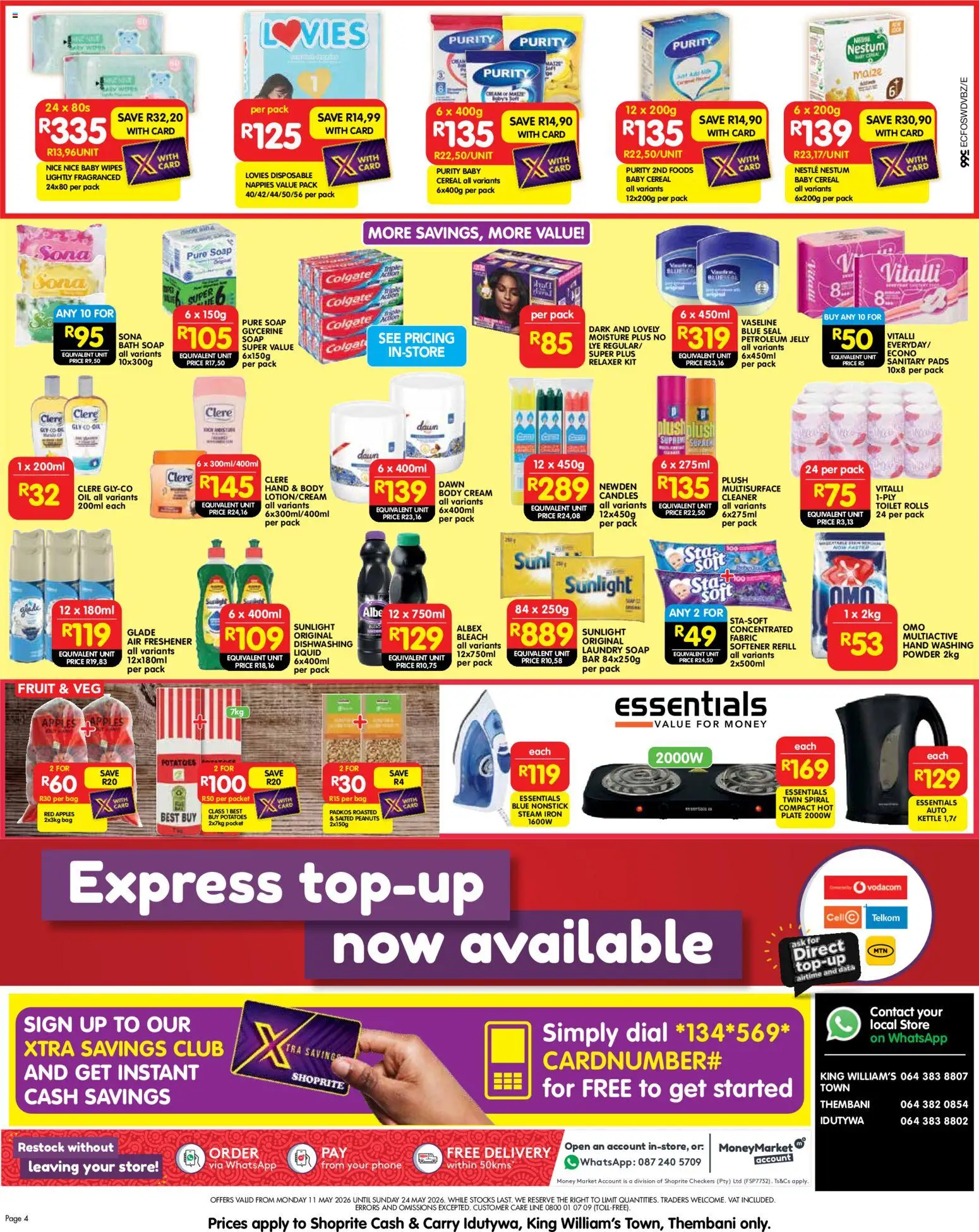 New Shoprite catalogue – valid from 11.05.2026 | Page: 4 | Products: Pads, Air freshener, Body cream, Washing powder