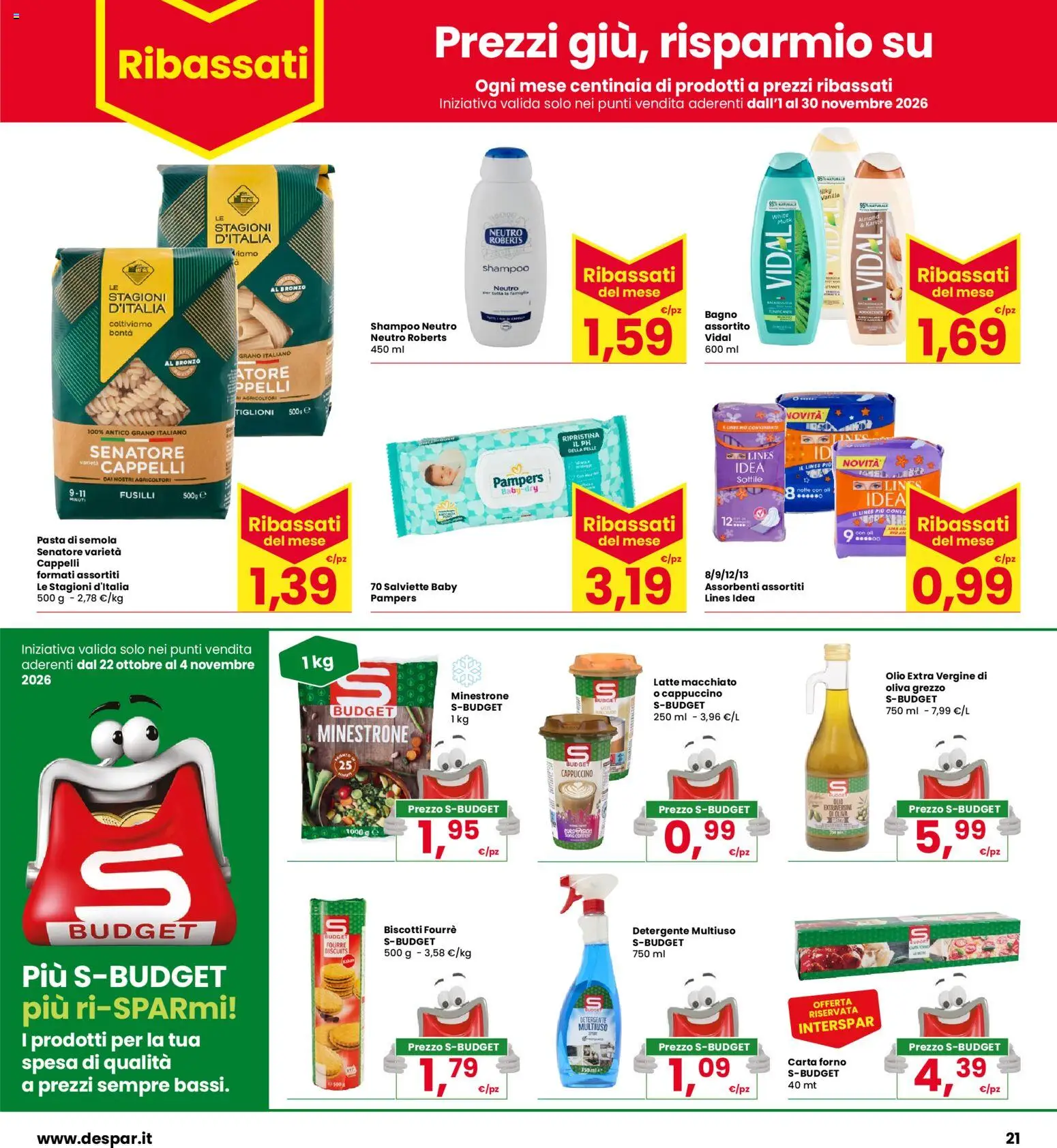 Volantino Eurospar del 22/10/2026 | Pagina: 21 | Prodotti: Minestrone, Pampers, Forno, Bagno