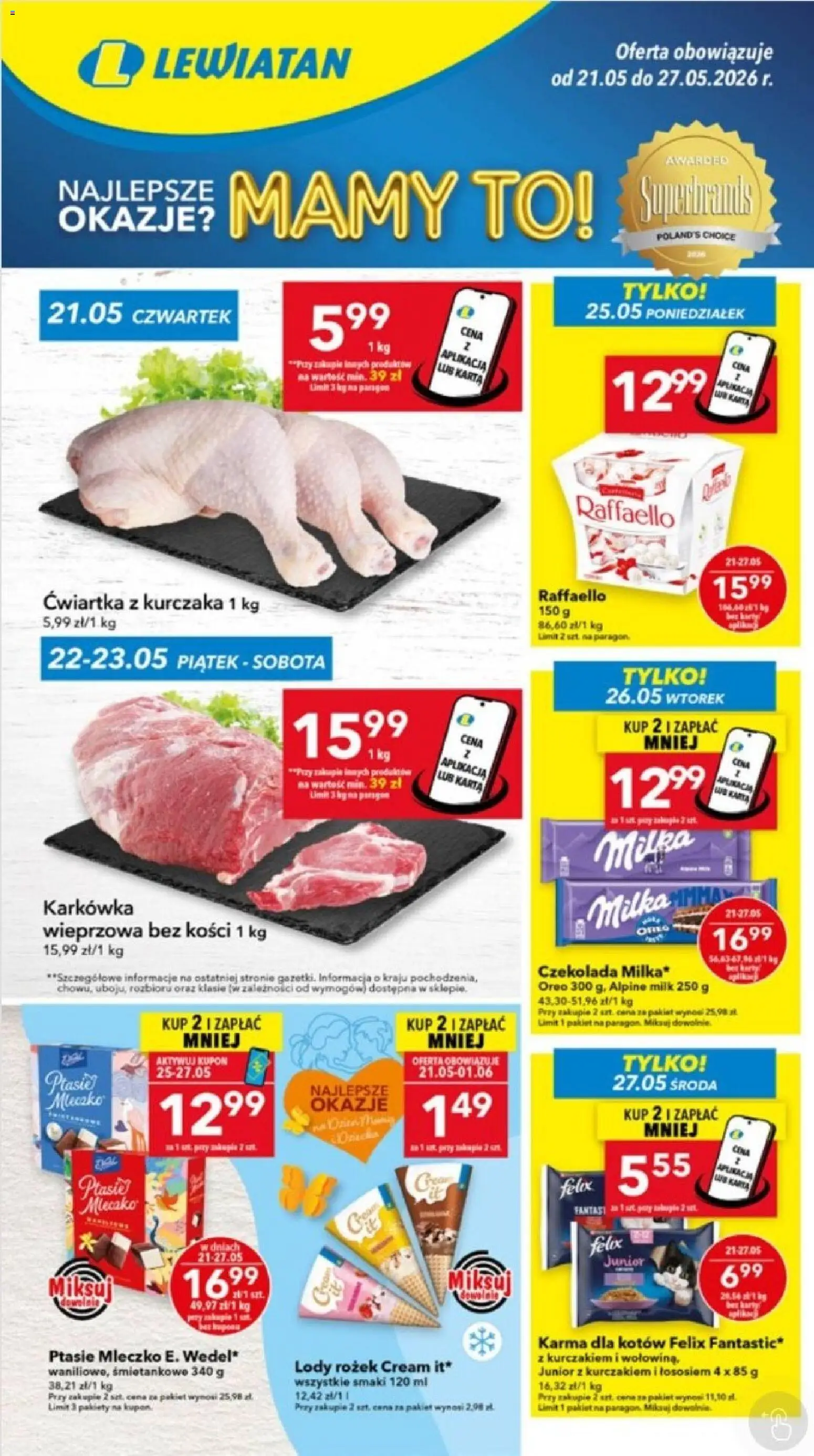 Lewiatan gazetka - Lublin od 21.05.2026 | Strona: 1 | Produkty: Karta, Karkówka, Ptasie mleczko, Karma dla kotów