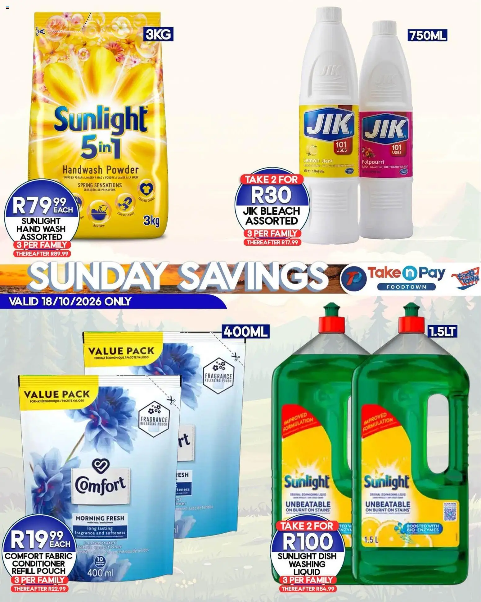 New Take n Pay catalogue – valid from 18/10/2026 | Page: 4 | Products: Handwash, Bleach, Conditioner, Lemon