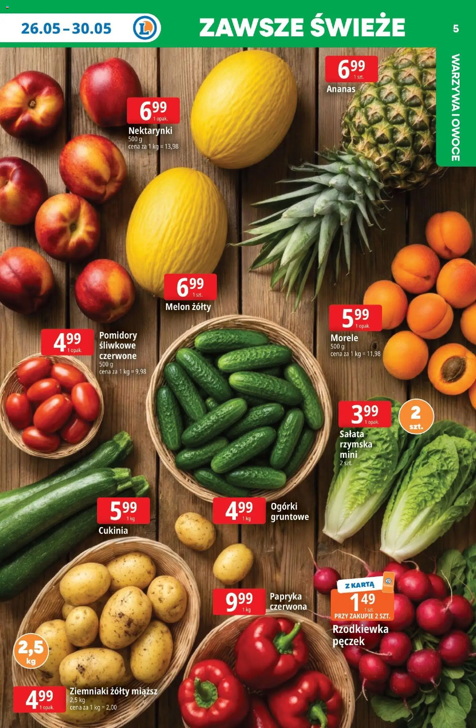 E.Leclerc gazetka - Zielona Góra od 25.05.2026 | Strona: 5 | Produkty: Karta, Cukinia, Morele, Ogórki gruntowe