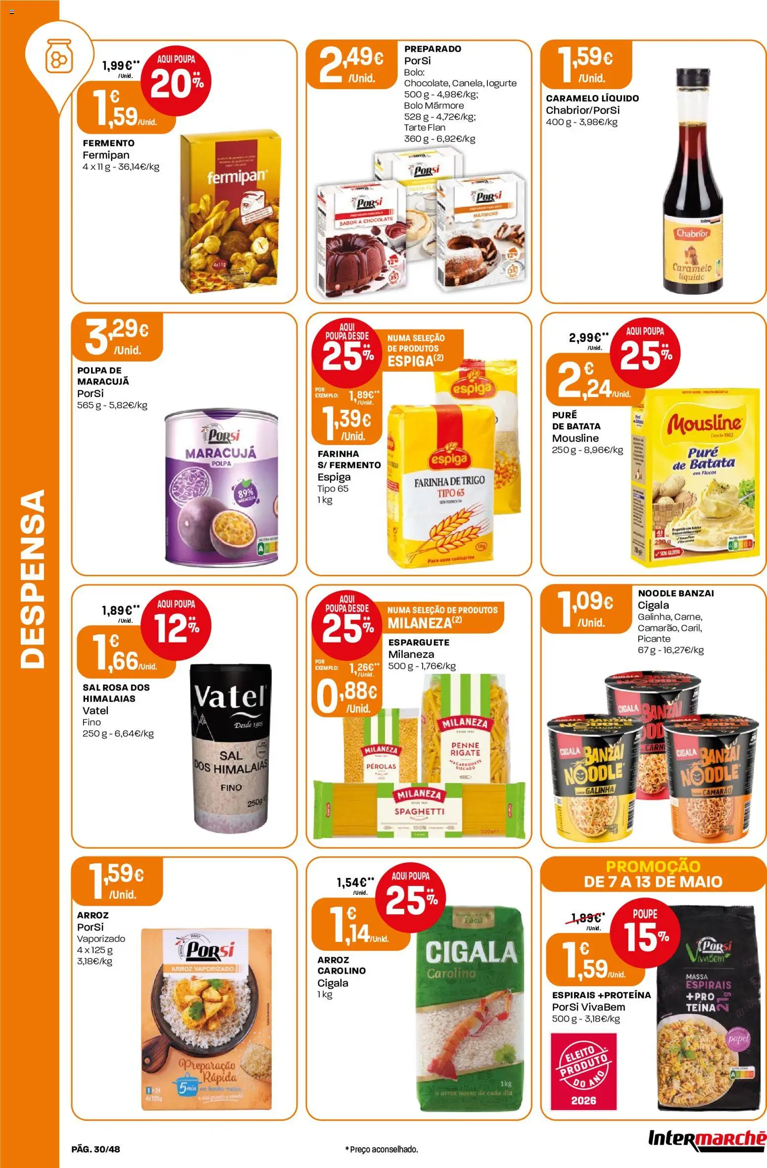 Intermarché folheto │ válido de 07.05.2026 | Página: 30 | Produtos: Esparguete, Milaneza, Sal, Massa