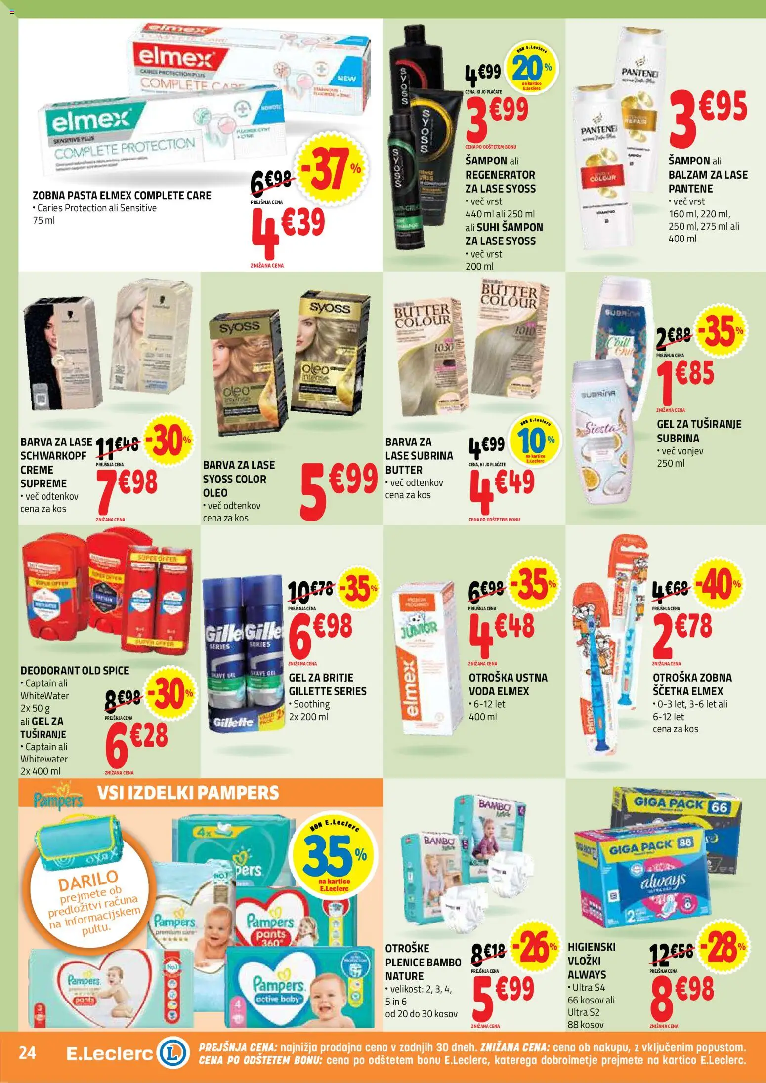 Novi E.leclerc katalog ponudbe – veljaven od 22.07.2026 | Stran: 24 | Izdelki: Gel za britje, Barva za lase, Zobna pasta, Barva