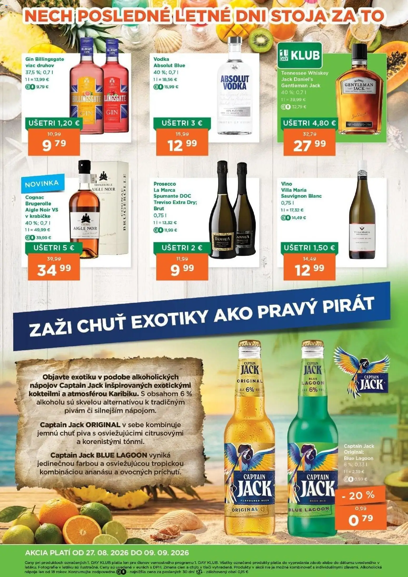 Nové 1day akcie – leták je platný od 27.08.2026 | Strana: 4 | Produkty: Nápoje, Gin, Vodka, Jack Daniel's