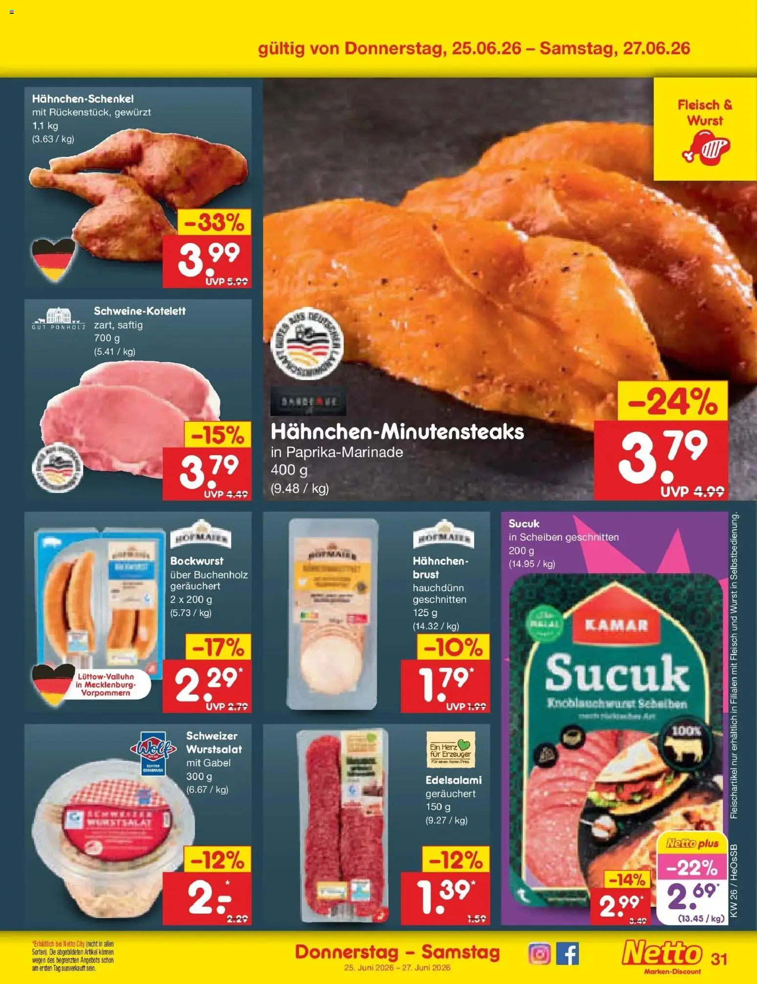 Netto Marken-Discount Prospekt Kröpelin – gültig ab 21.06.2026 | Seite: 43 | Produkte: Bockwurst, Hahnchen, Wurst, Fleisch