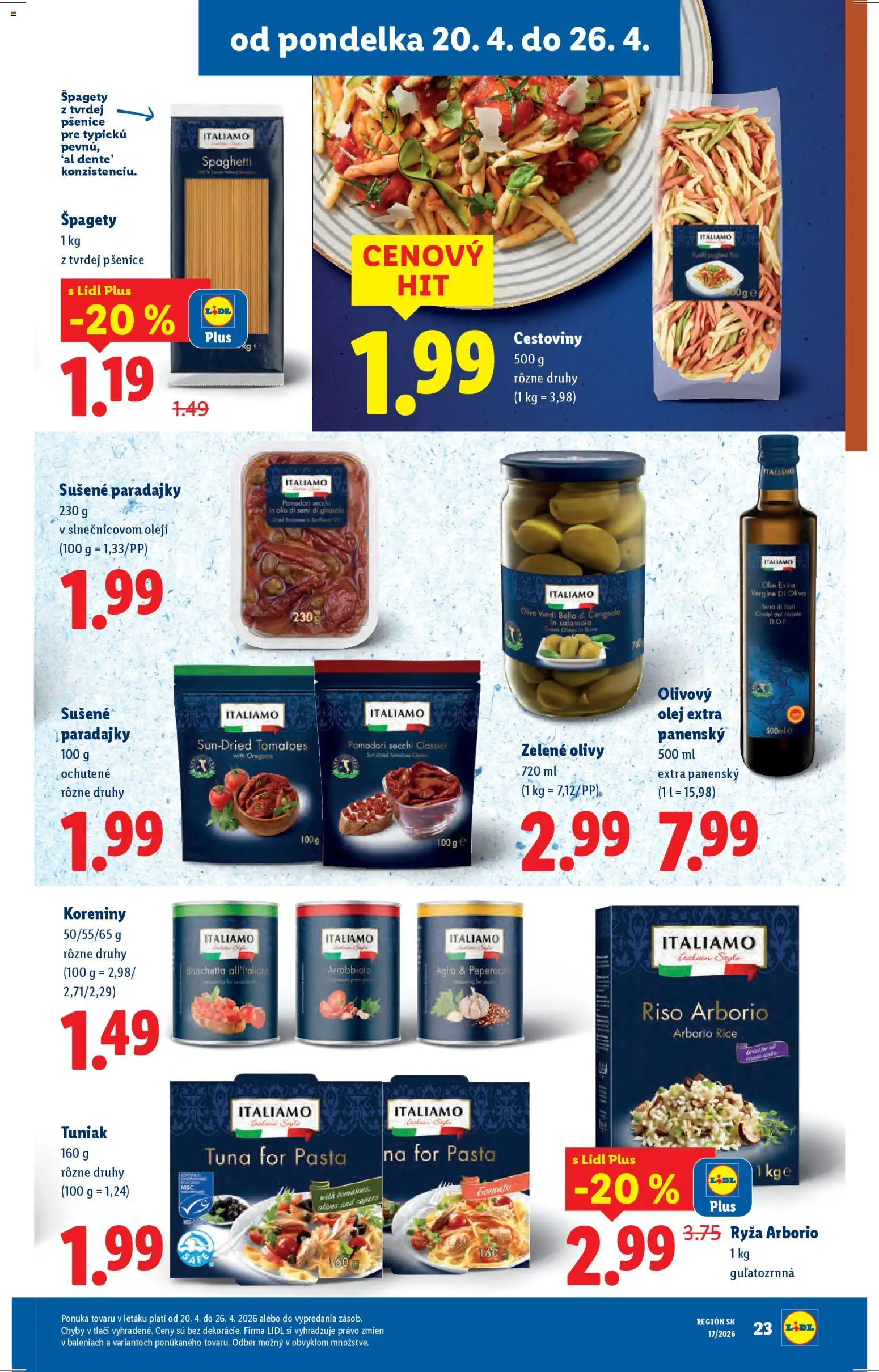 Nové Lidl akcie – leták je platný od 20.04.2026 | Strana: 23 | Produkty: Olej, Tuniak, Ryža, Cestoviny