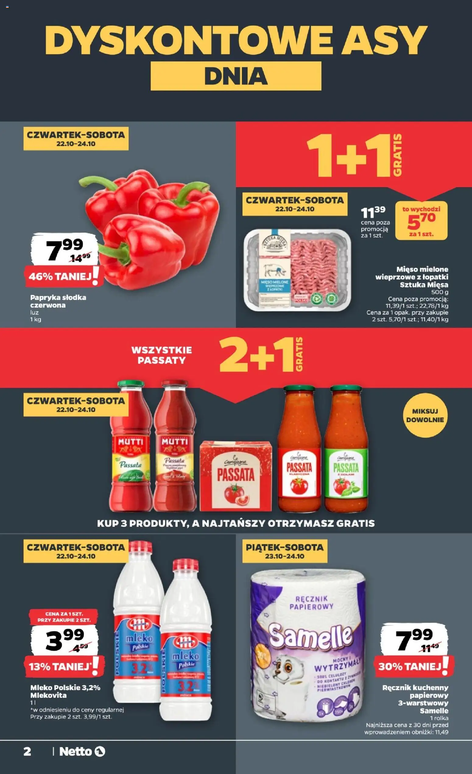 Netto gazetka od czwartku od 22.10.2026 | Strona: 2 | Produkty: Mięso, Papryka, Mleko, Ręcznik kuchenny
