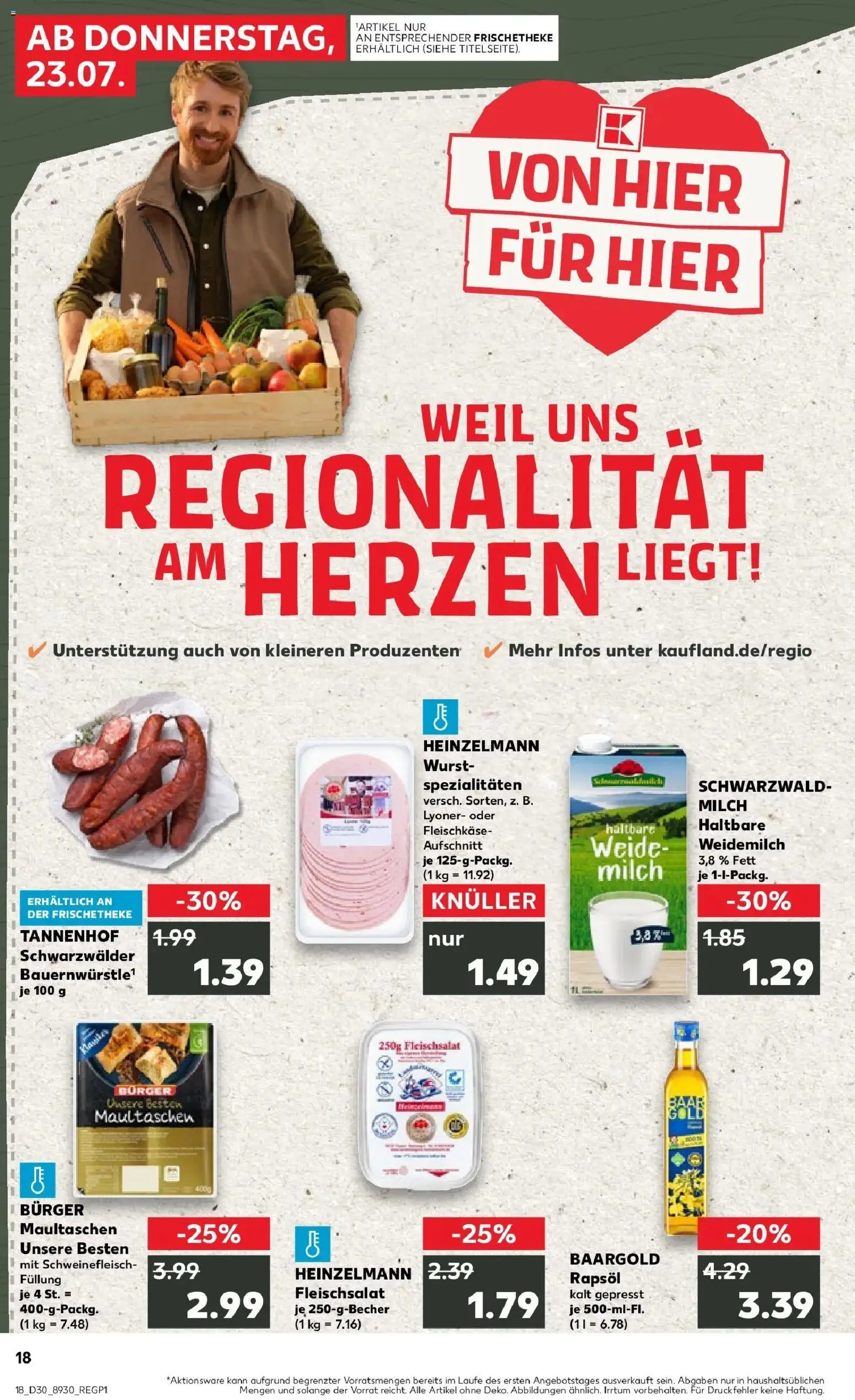 Kaufland Prospekt Bad Dürrheim – gültig ab 23.07.2026 | Seite: 18 | Produkte: Milch, Rapsöl, Schweinefleisch, Maultaschen