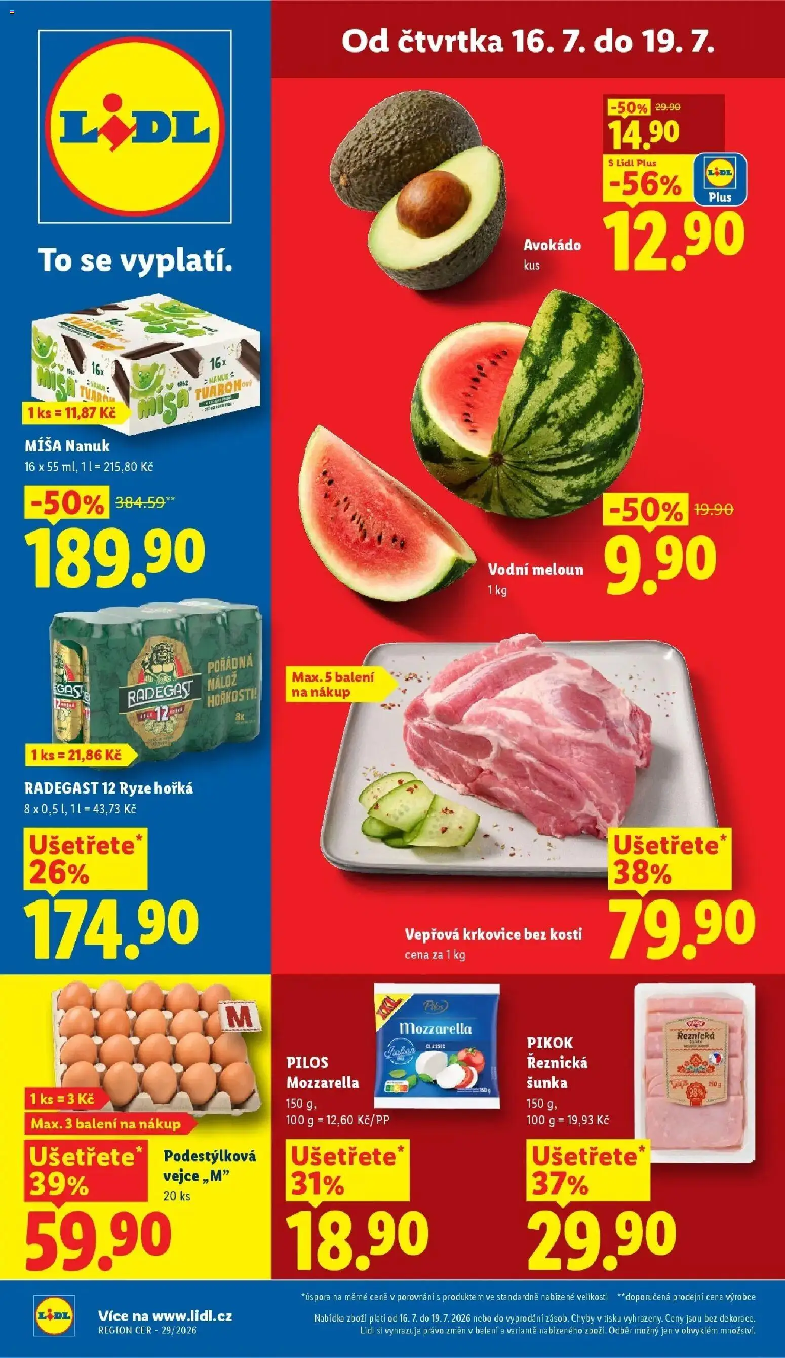 Lidl aktuální leták od 16.07.2026 | Strana: 1 | Produkty: Vejce, Šunka, Radegast, Vodní meloun