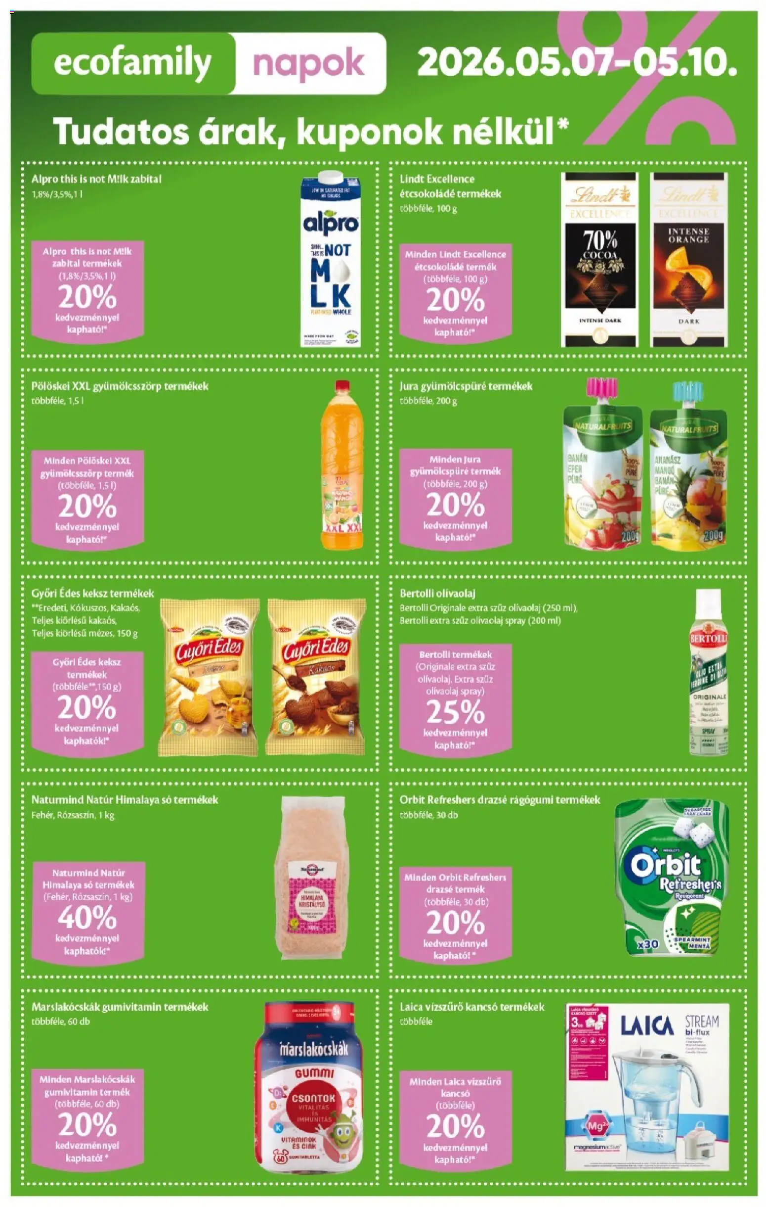 EcoFamily akciós ujság - amely érvényes a következő dátumtól: 07.05.2026 | Oldal: 2 | Termékek: Drazsé, Étcsokoládé, Keksz, Olívaolaj