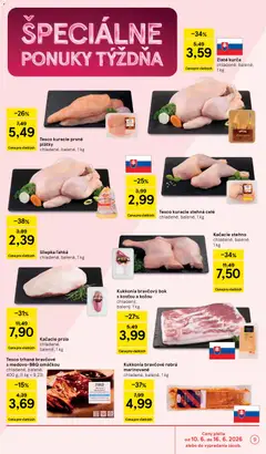 Tesco leták platný od 10.06.2026 | Strana: 9 | Produkty: Kačacie prsia, Kuracie stehná, Kurča