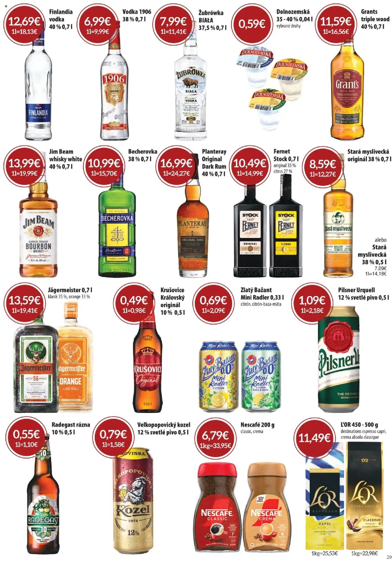 Nové CBA Komfos akcie – leták je platný od 04.06.2026 | Strana: 20 | Produkty: Radegast, Bourbon, Fernet, Rum