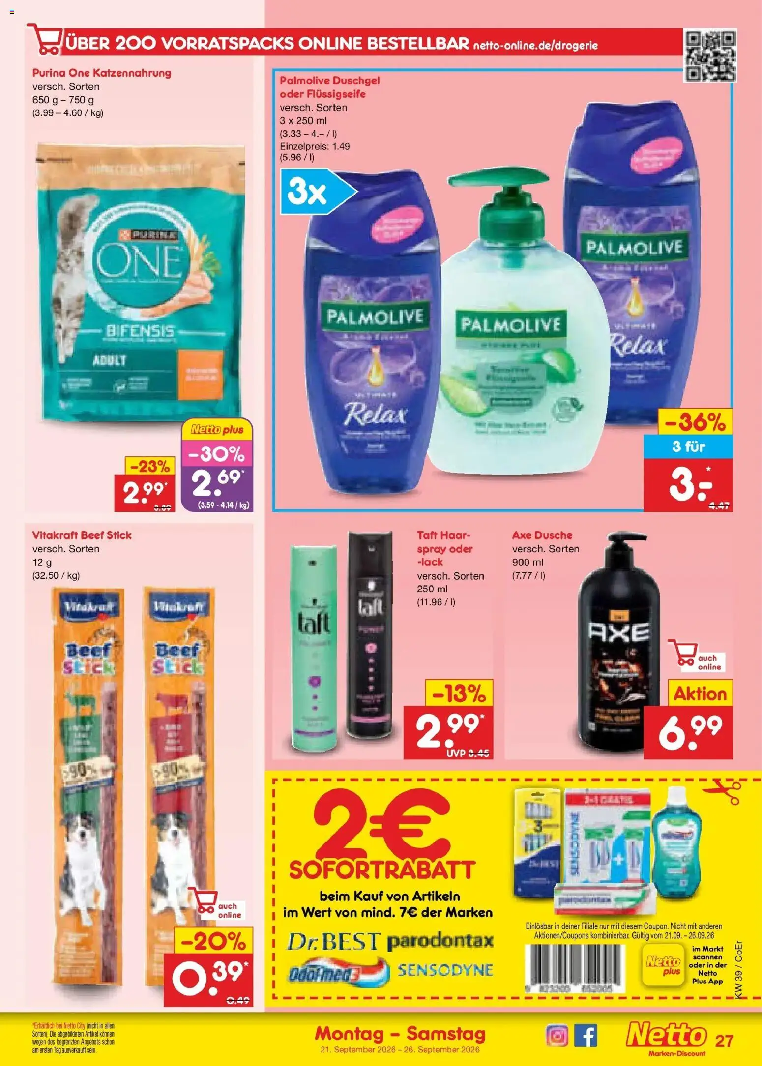 Netto Marken-Discount Prospekt Leipzig – gültig ab 21.09.2026 | Seite: 39 | Produkte: Purina one, Dusche, Duschgel, Axe