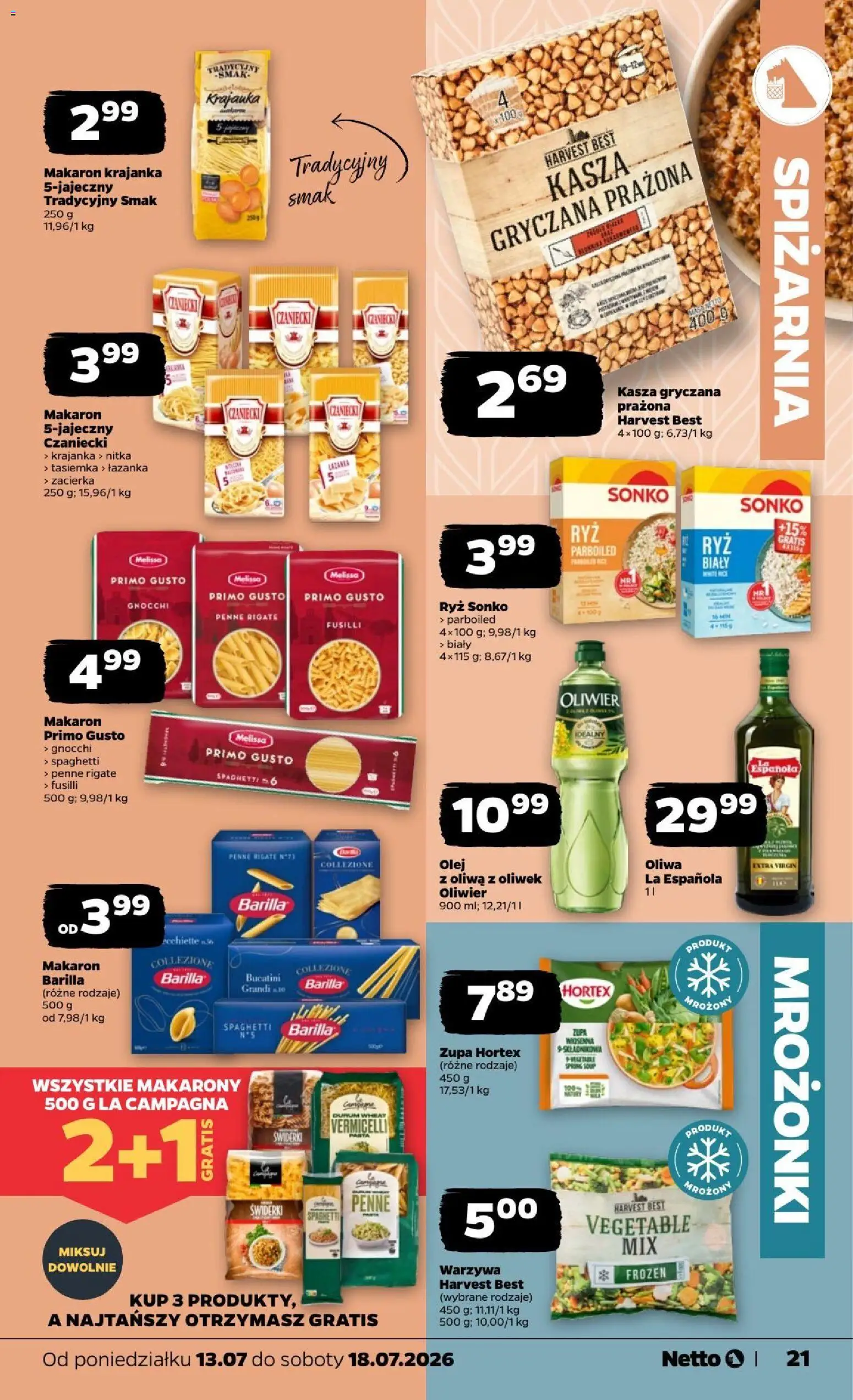 Netto gazetka od poniedziałku od 13.07.2026 | Strona: 21 | Produkty: Mrożonki, Kasza gryczana, Ryż, Warzywa