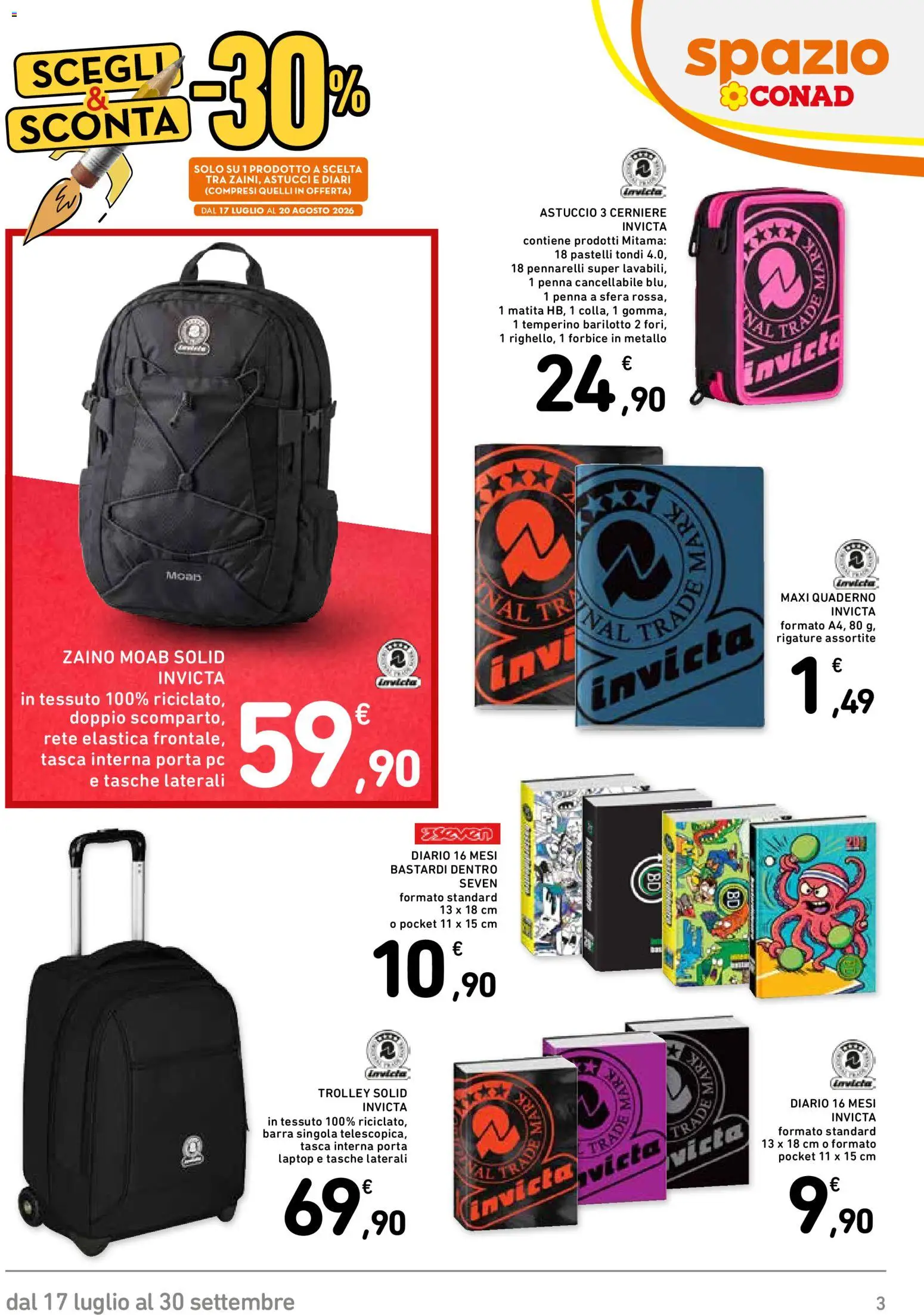Volantino Spazio Conad del 17/07/2026 | Pagina: 3 | Prodotti: Zaino, Forbice, Temperino, Quaderno