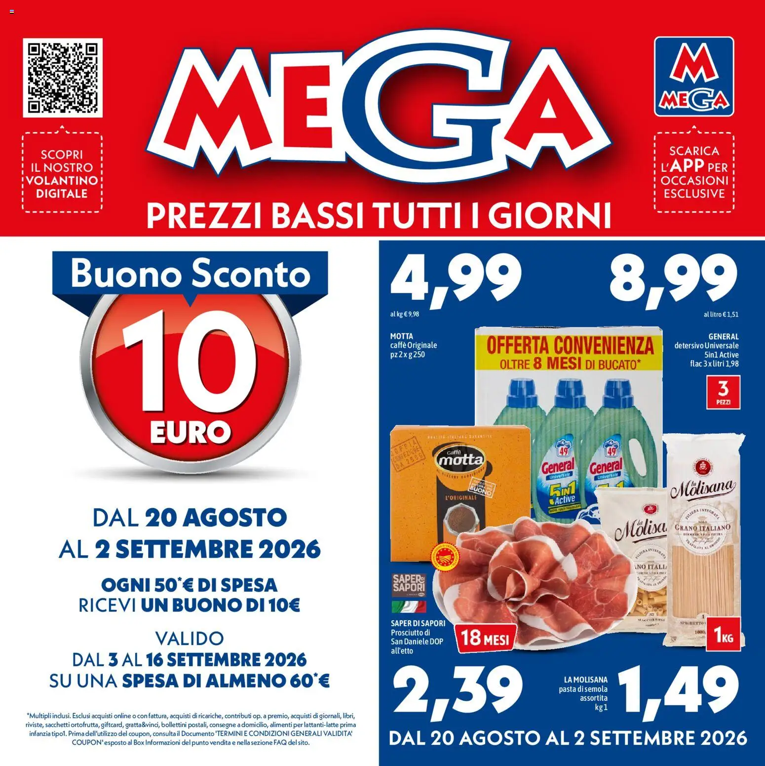 Volantino Mega del 20/08/2026 | Pagina: 1 | Prodotti: La Molisana, Pasta di semola, Prosciutto, Pasta
