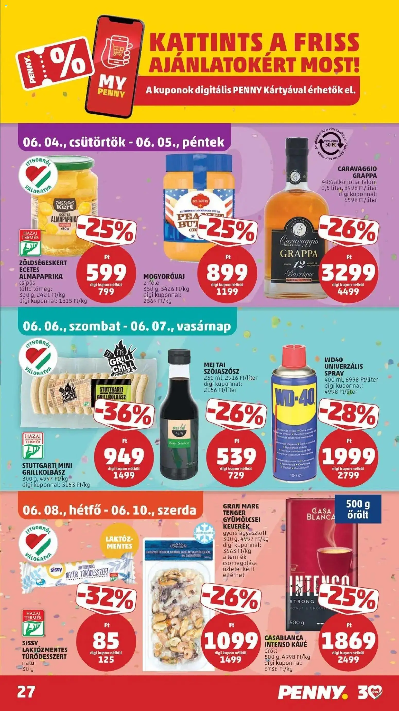 PENNY akciós ujság - amely érvényes a következő dátumtól: 2026.06.04. | Oldal: 27 | Termékek: Grill, Szójaszósz, Kávé, Tenger gyümölcsei