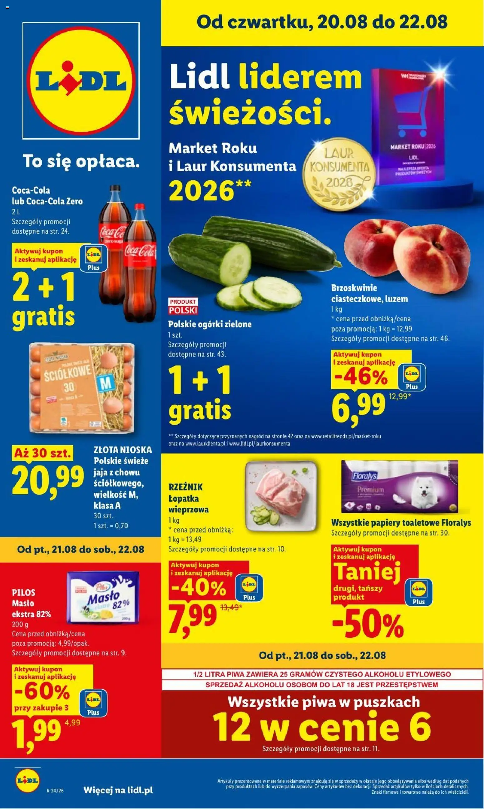 Lidl gazetka od 20.08.2026 | Strona: 1 | Produkty: Łopatka wieprzowa, Masło, Brzoskwinie, Ogórki