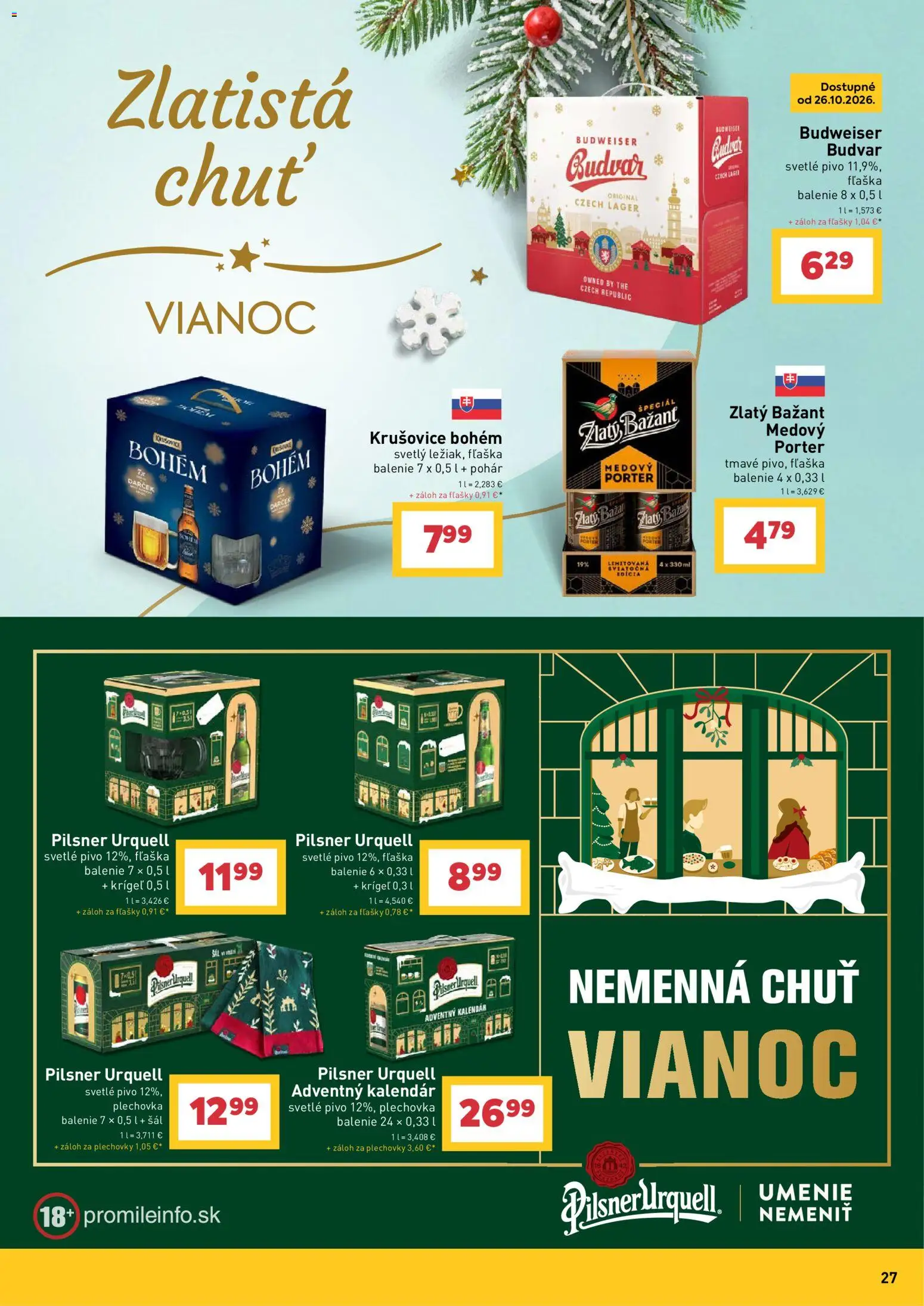Nové Billa akcie – leták je platný od 14.10.2026 | Strana: 27 | Produkty: Pivo, Budvar, Zlatý Bažant, Šál