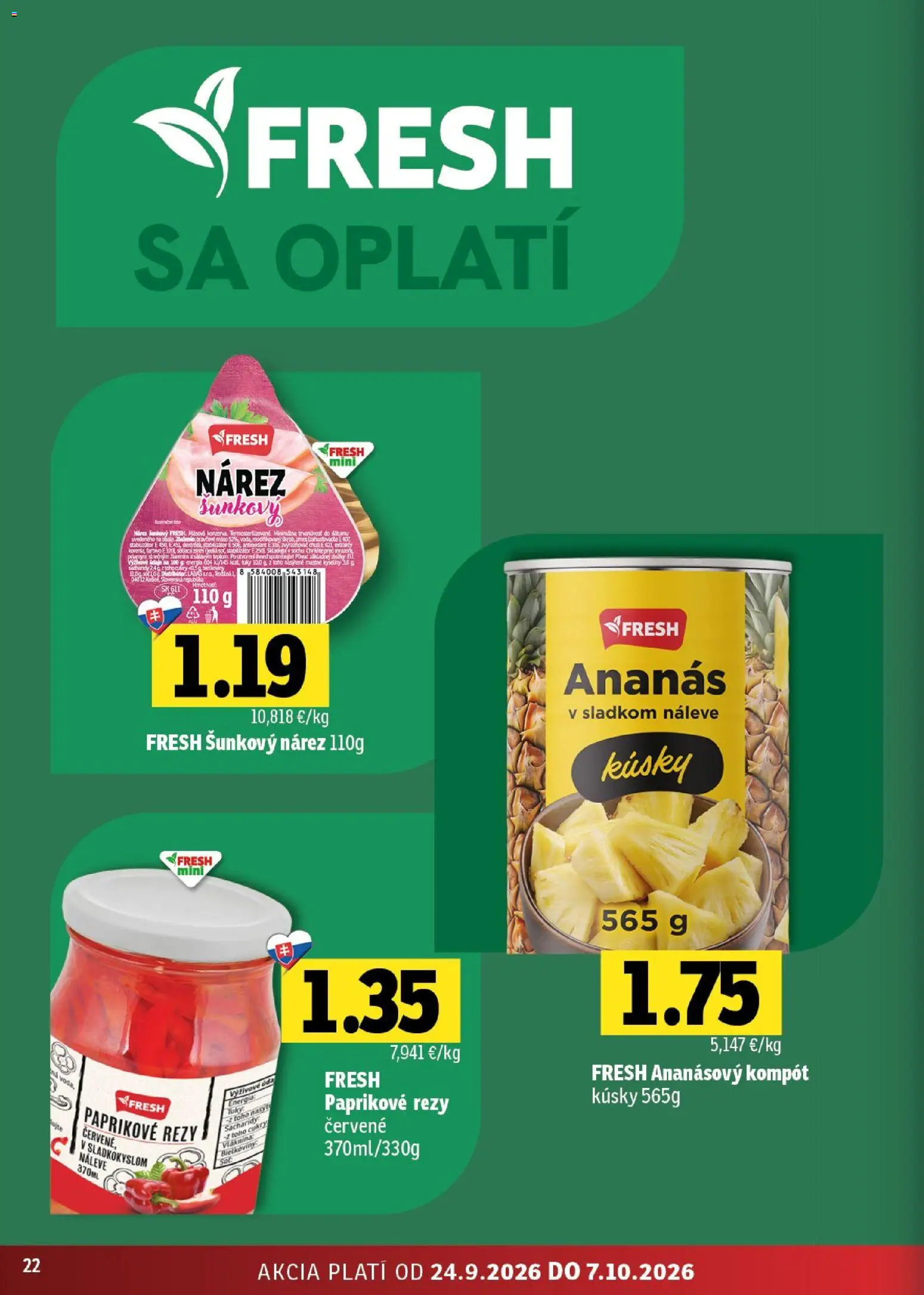 Nové Fresh akcie – leták je platný od 24.09.2026 | Strana: 22 | Produkty: Mäso, Bravčové mäso, Ananás