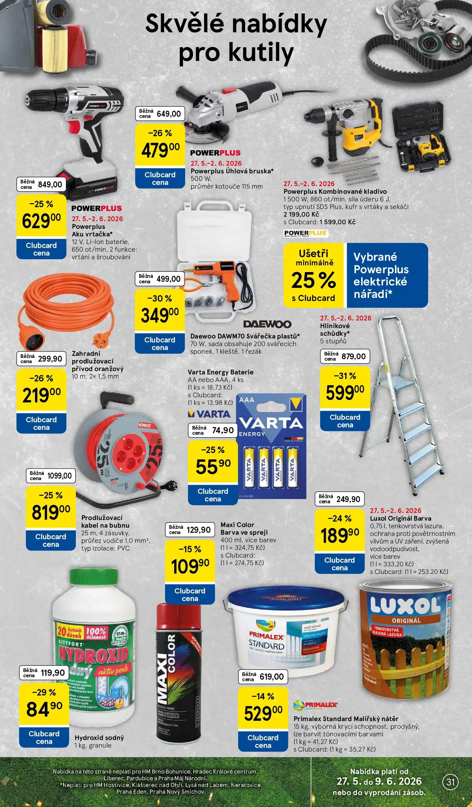 Tesco leták - Hypermarket od 27.05.2026 | Strana: 31 | Produkty: Primalex, Kladivo, Hydroxid sodný, Baterie