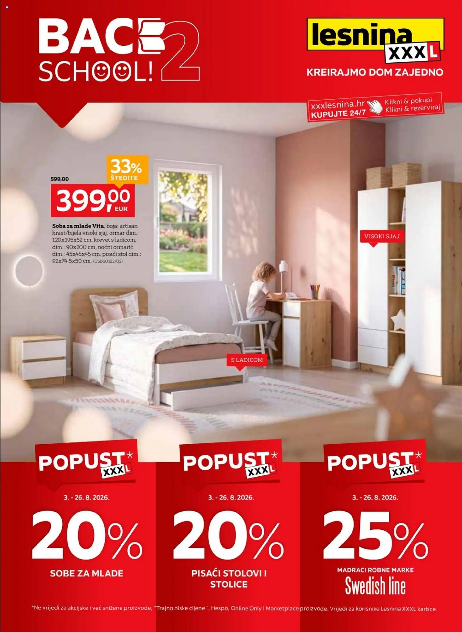 Lesnina katalog | vrijedi od 03.08.2026 | Stranica: 1 | Proizvodi: Krevet, Ormar, Noćni ormarić, Stol