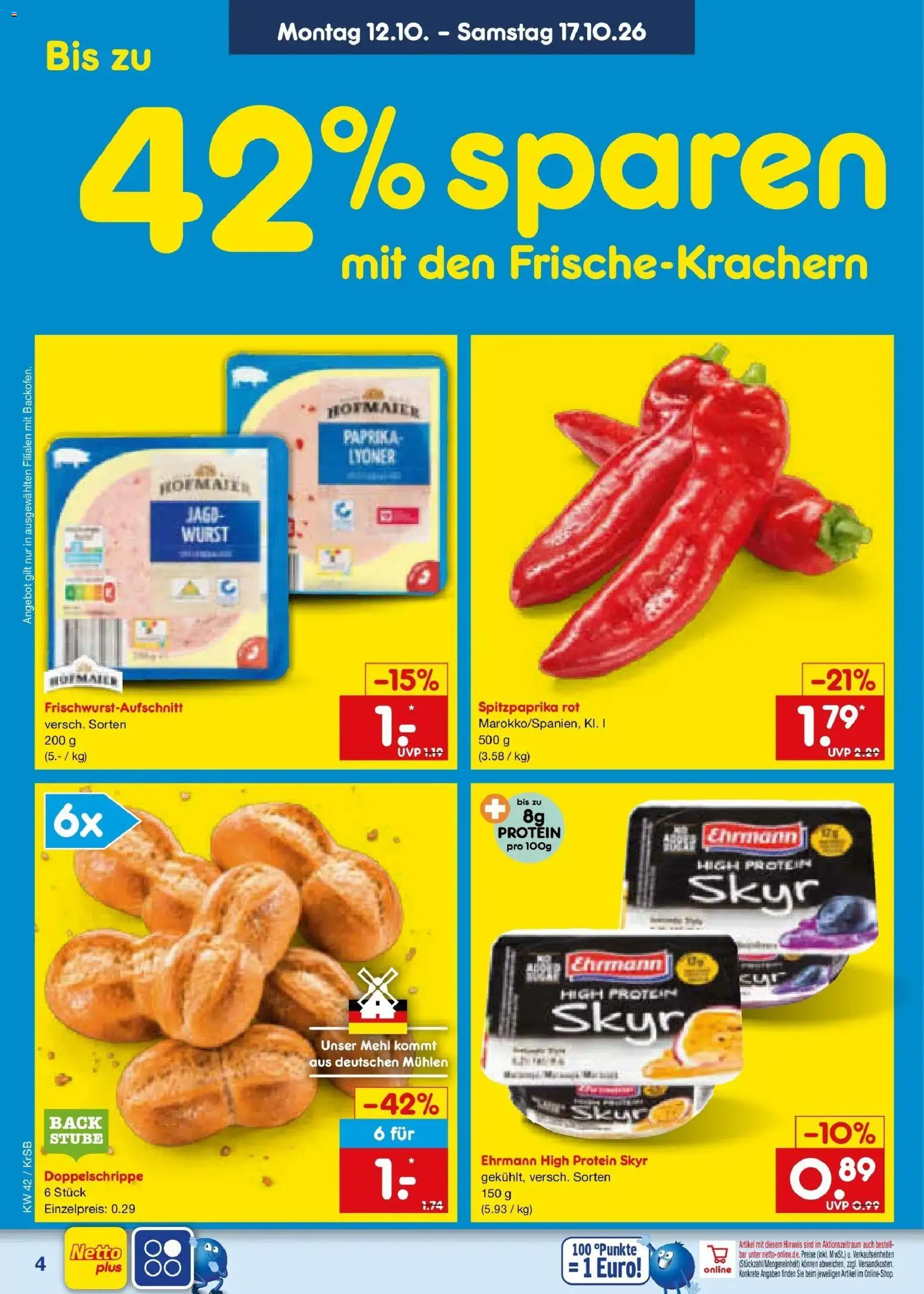 Netto Marken-Discount Prospekt Baesweiler (ab 12.10.2026) » Angebote | Seite: 4 | Produkte: Mehl, Skyr, Paprika, Wurst