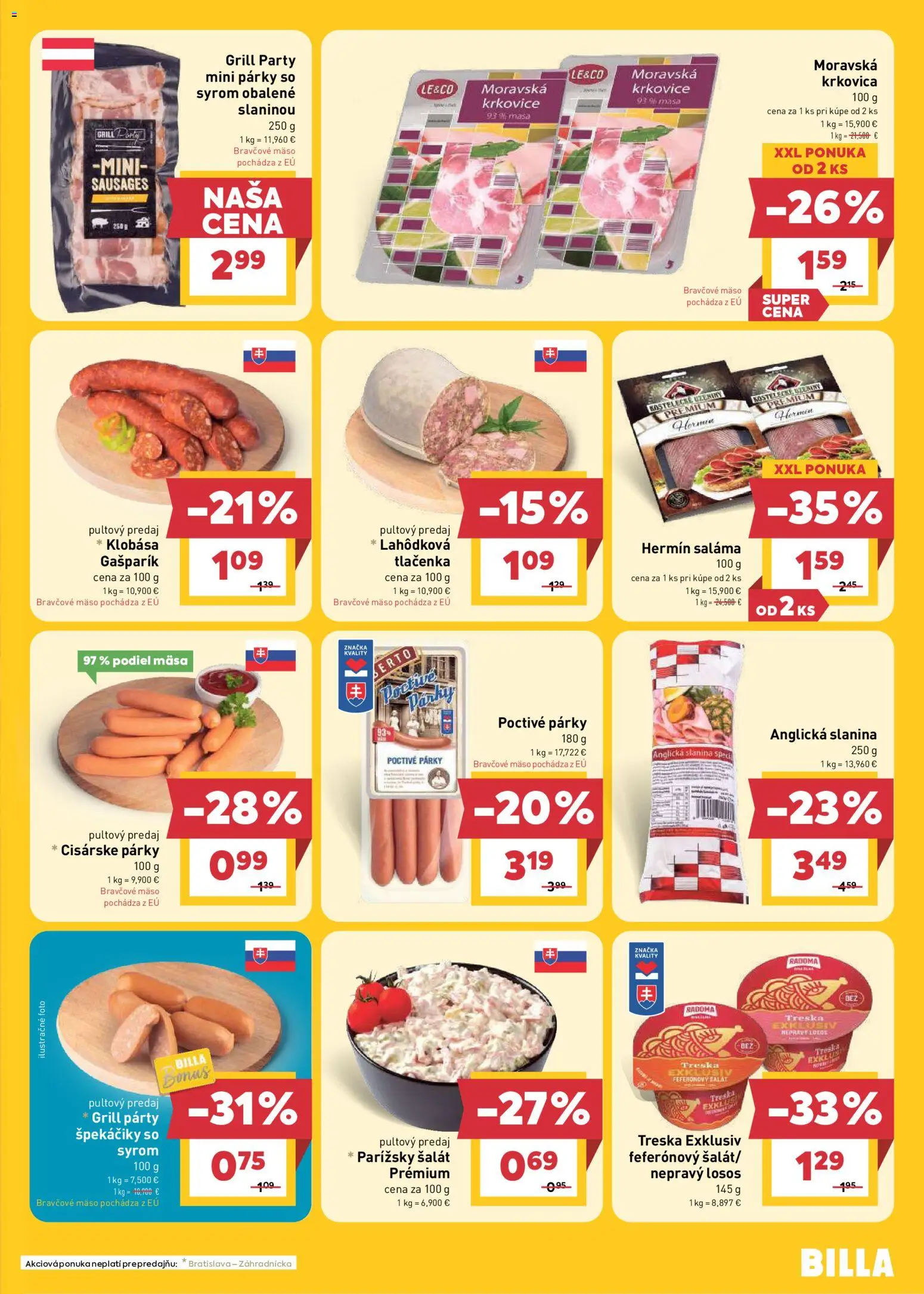Nové Billa akcie – leták je platný od 19.08.2026 | Strana: 7 | Produkty: Krkovica, Šalát, Špekáčiky, Treska