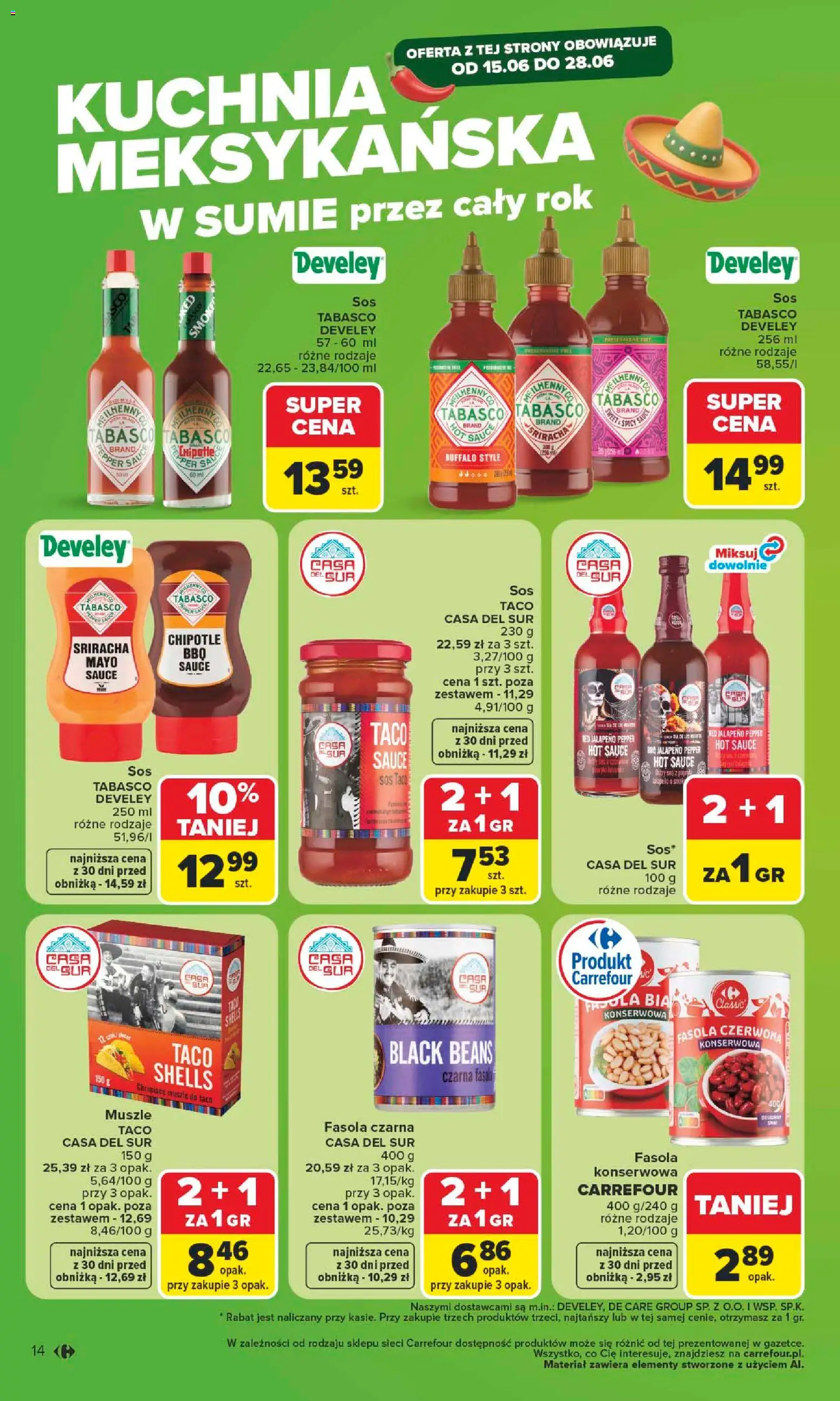 Carrefour gazetka od 15.06.2026 | Strona: 16 | Produkty: Sriracha, Fasola czerwona, Tabasco, Sos