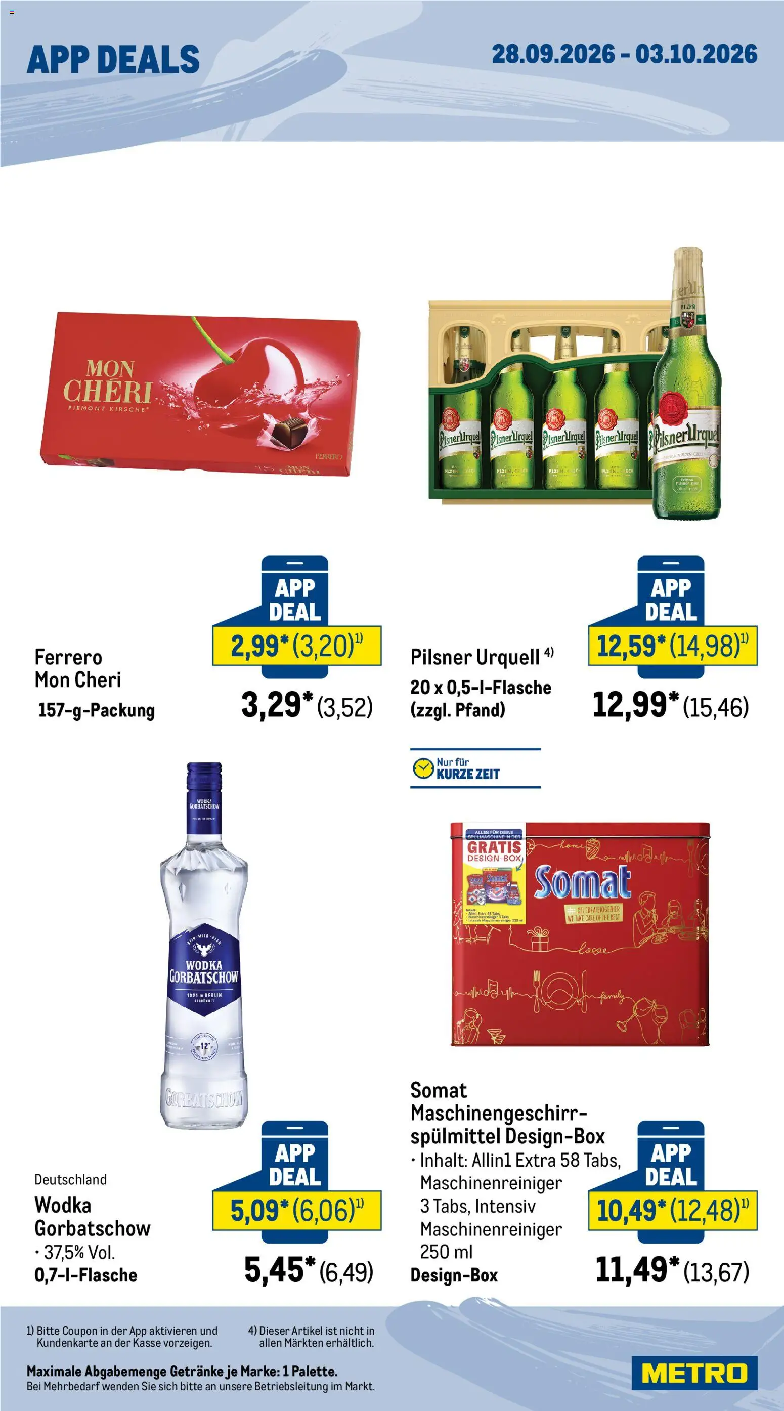 Metro App Deals – gültig ab 28.09.2026 | Seite: 2 | Produkte: Pilsner urquell, Wodka gorbatschow, Wodka, Mon cheri