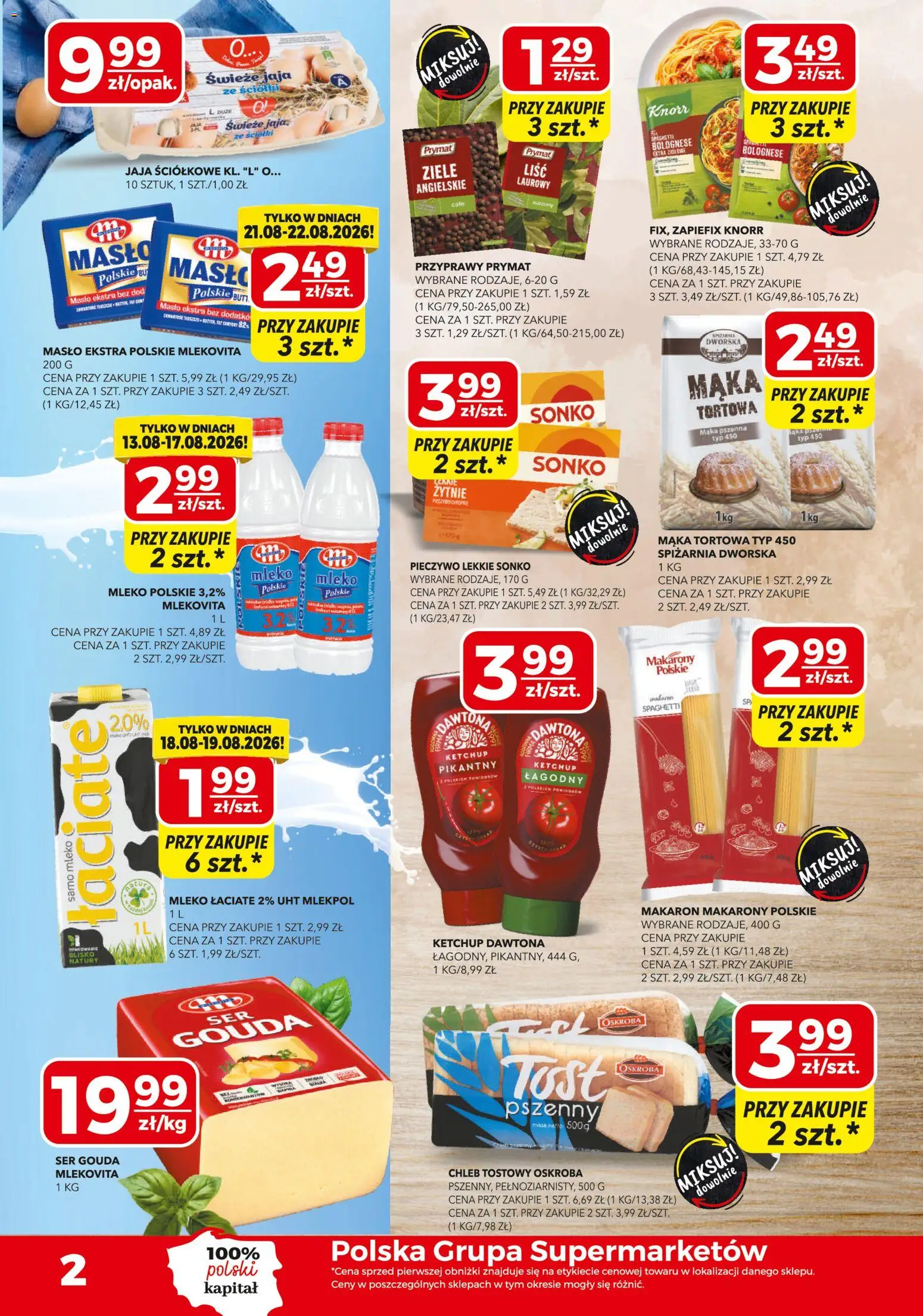 Top Market gazetka mini od 13.08.2026 | Strona: 2 | Produkty: Mleko, Chleb, Makarony, Ser gouda