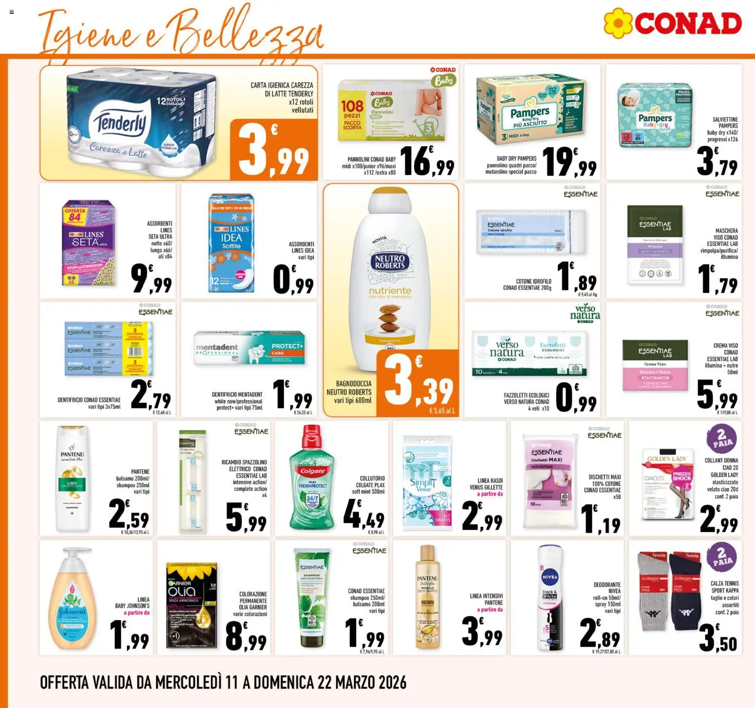 Volantino Conad del 11.03.2026 | Pagina: 22 | Prodotti: Pannolini, Carta igienica, Latte, Spazzolino elettrico
