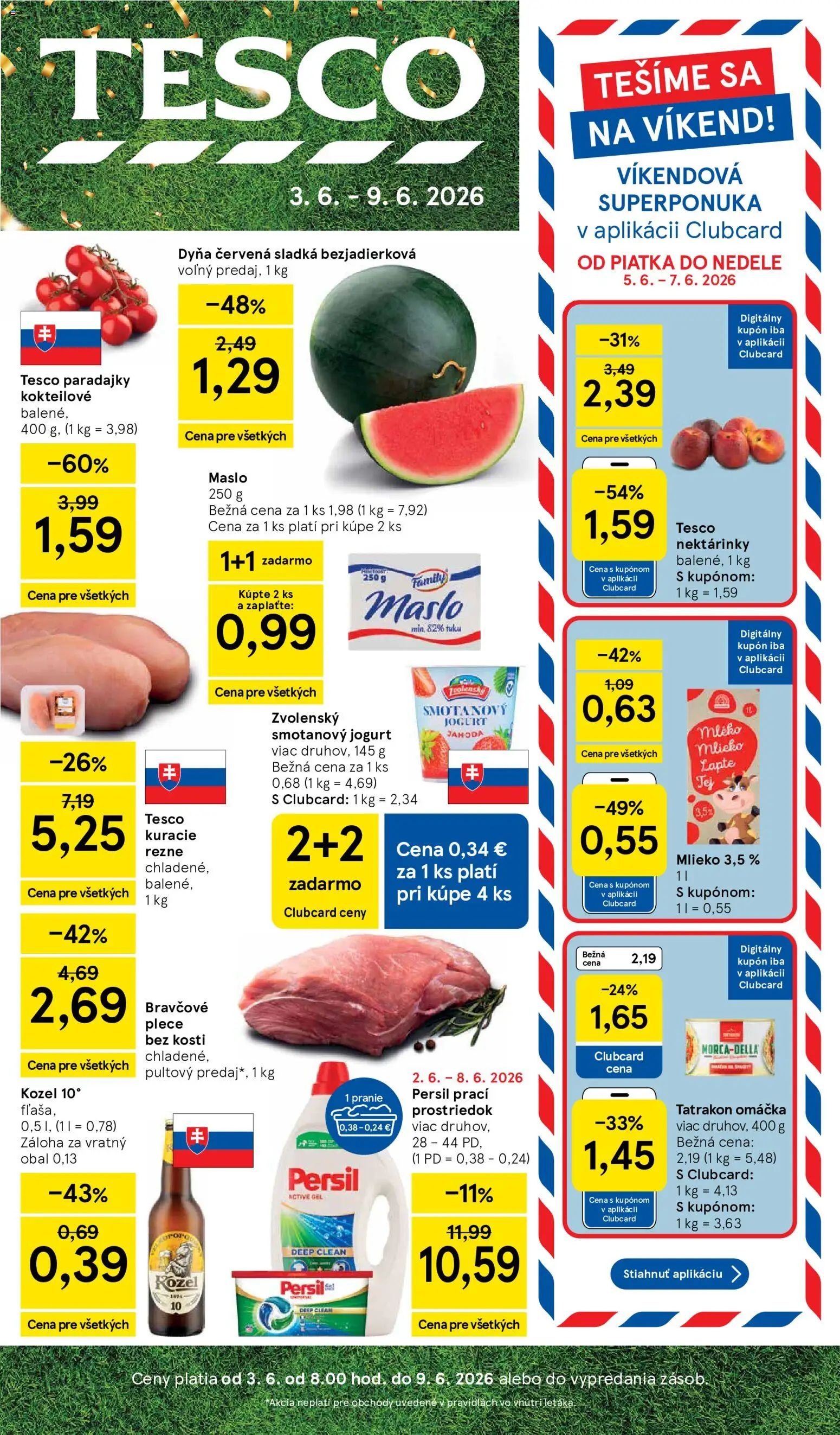 Nové Tesco akcie – leták je platný od 03.06.2026 | Strana: 1 | Produkty: Maslo, Jogurt, Jablká, Persil