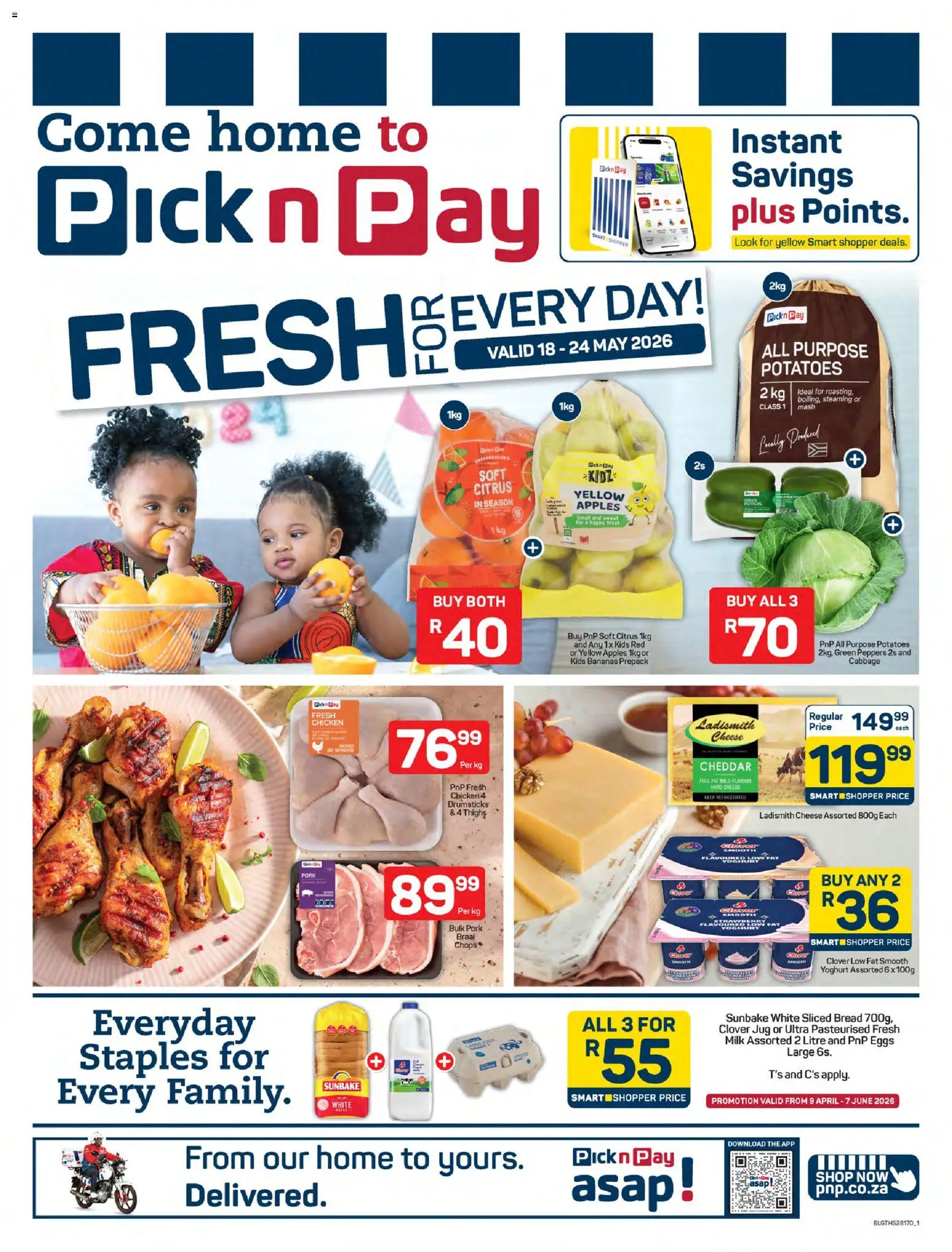 New Pick n Pay catalogue – valid from 18.05.2026 | Page: 1 | Products: Yoghurt, Milk, Chicken, Bananas